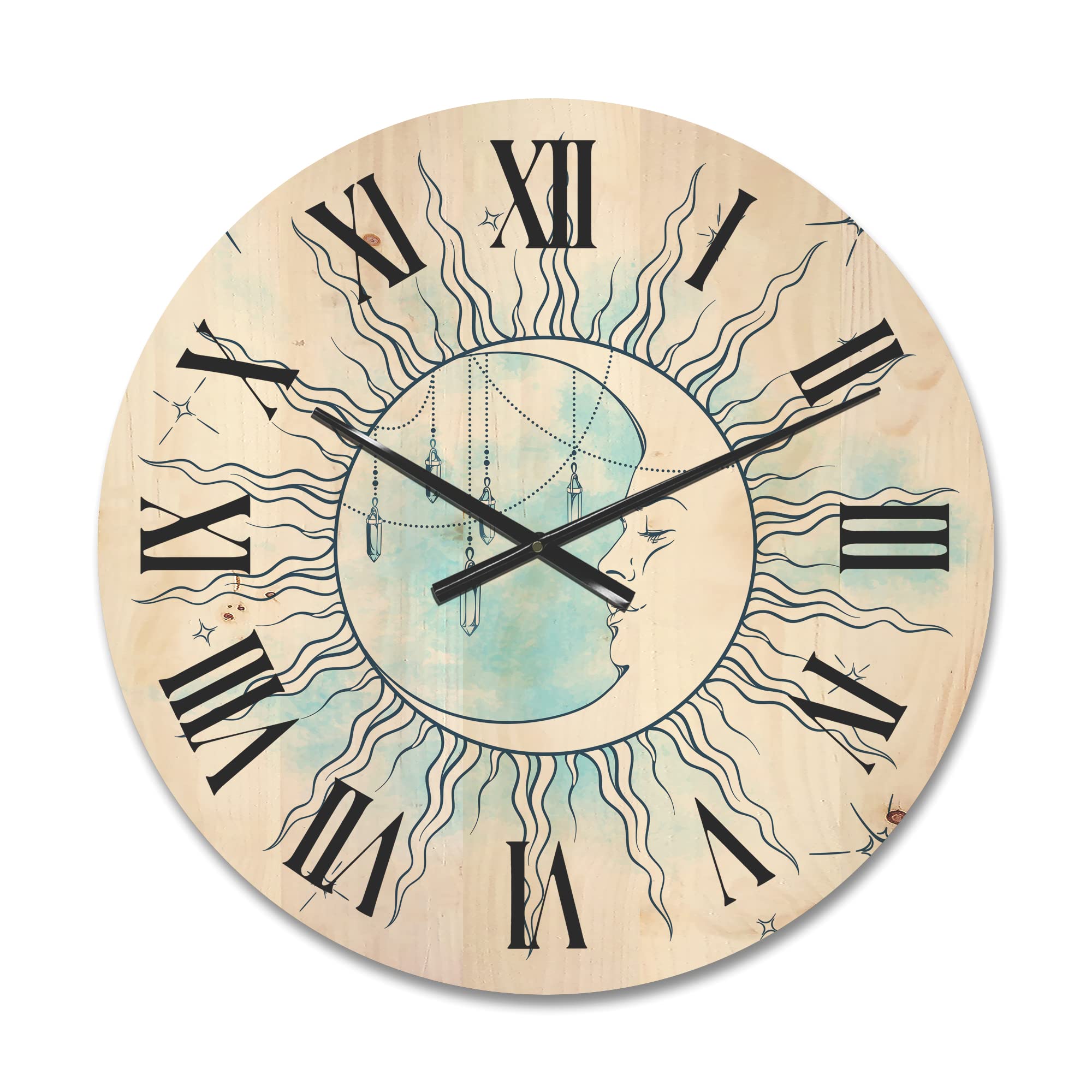 Bohemian Blue Crescent Moon & Stars Wall Clock with Moonstone Pendants - Large Wooden Astrology Decor for Living Room, Bedroom & Office - Oversized Eclectic Wooden Clock for Home Décor & Spiritual Spaces