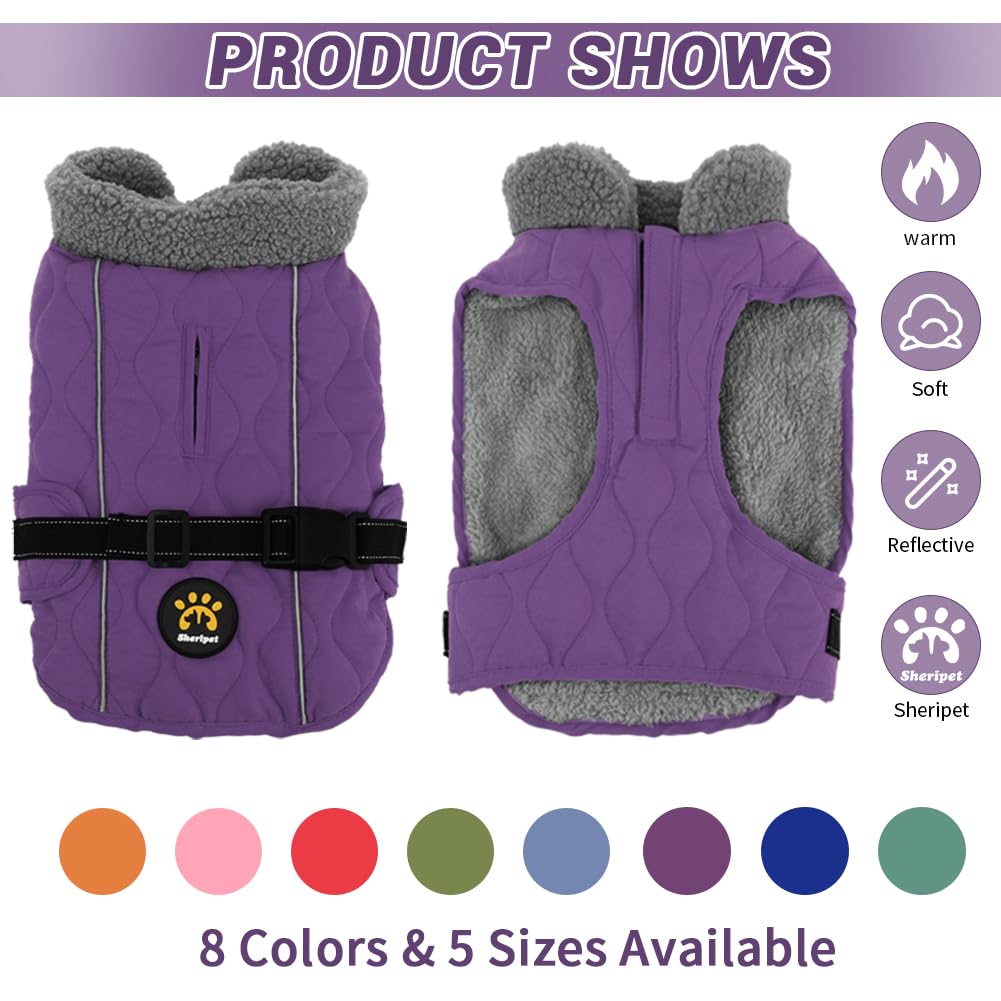 **Warm Fleece-Lined Dog Winter Coat - Adjustable Windproof Jacket for Small, Medium & Large Dogs - Quick Release Buckle - Purple - Perfect for Cold Weather Walks & Outdoor Adventures**