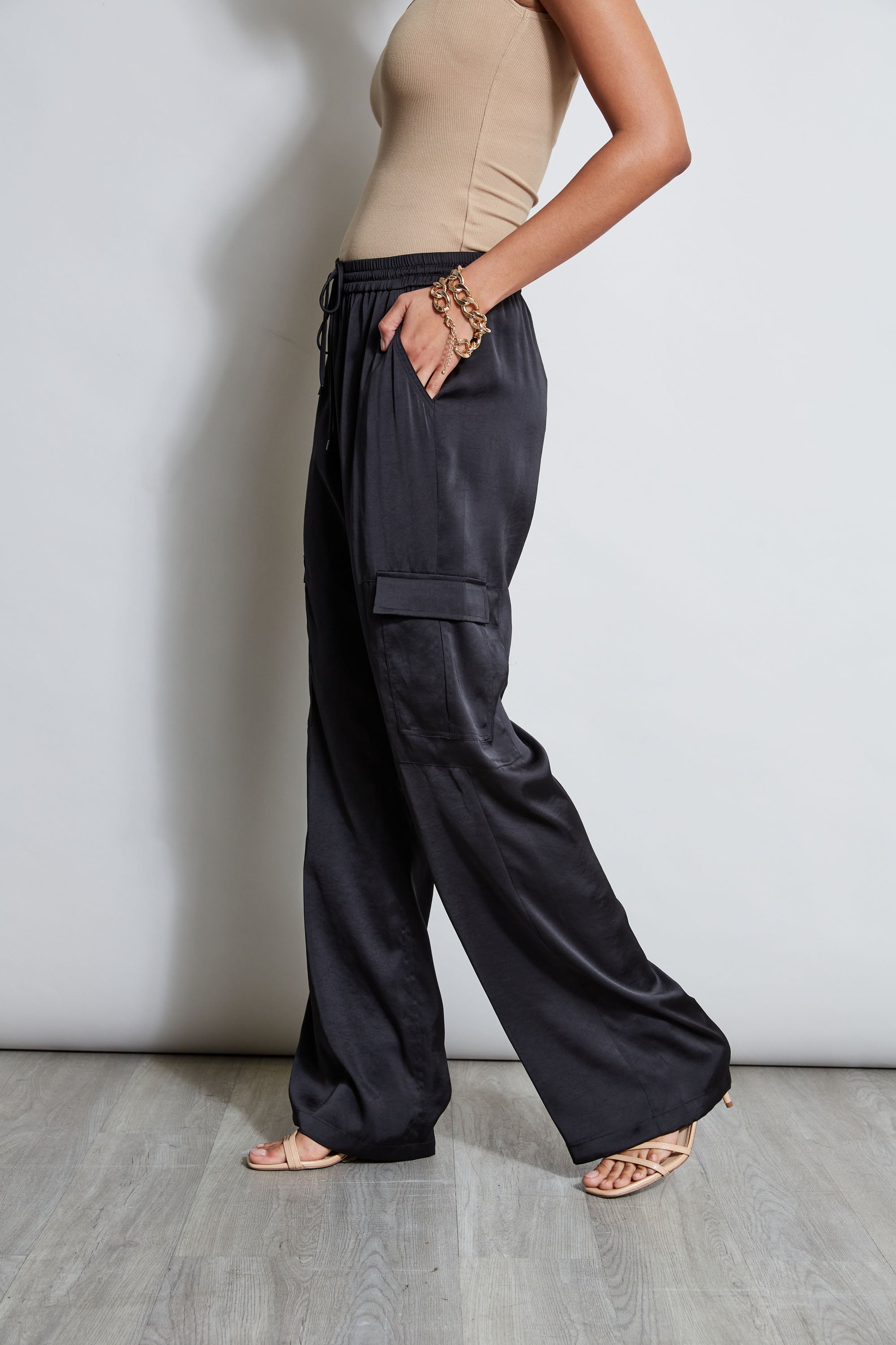 Comfortable Women's Satin Cargo Pants - High Waisted Loose Fit Casual Trousers for Lounge, Travel & Everyday Wear
