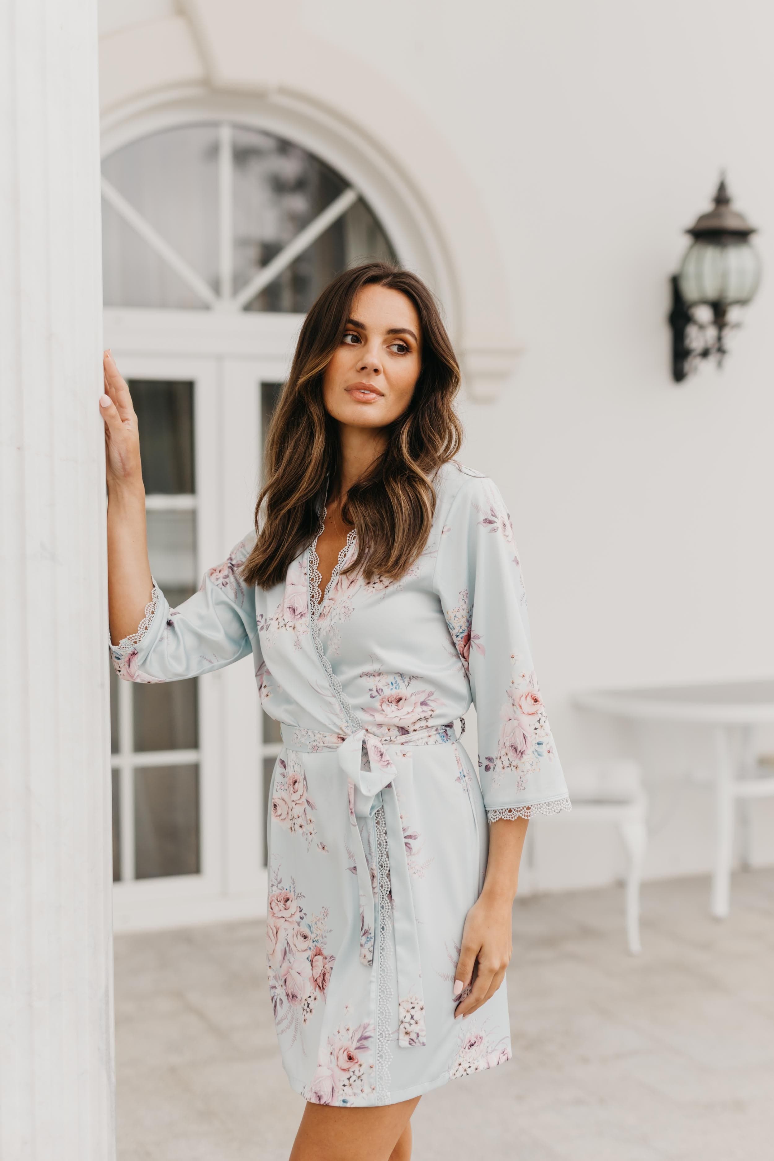Elegant Rose Mist Floral Lace Trim Satin Robe - Women's Luxury Kimono Bathrobe for Bridal, Spa, Honeymoon & Boudoir Photography
