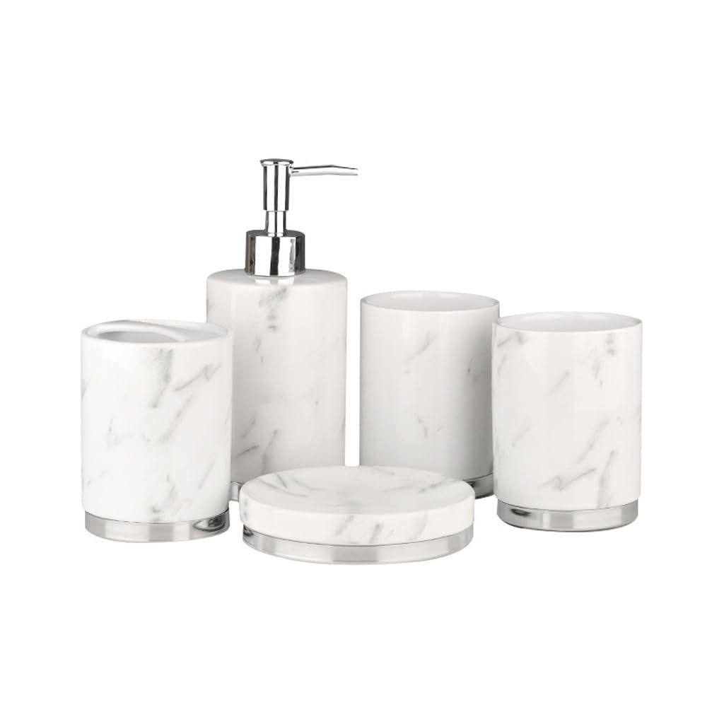 Marble Patterned Ceramic Bathroom Set - 5 Toothbrushes & 2 Mouthwash Cups | Modern Bathroom Decor for Home, Hotel & Spa | Perfect for Family & Guest Use