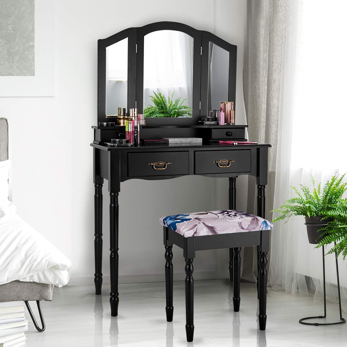 GOFLAME Vanity Table Set with Tri-Folding Mirror, 4 Drawers & Spacious Tabletop - Detachable Makeup Dressing Table with Cushioned Stool for Bedroom (Black) | Perfect Makeup Organizer for Small Spaces & Beauty Routine