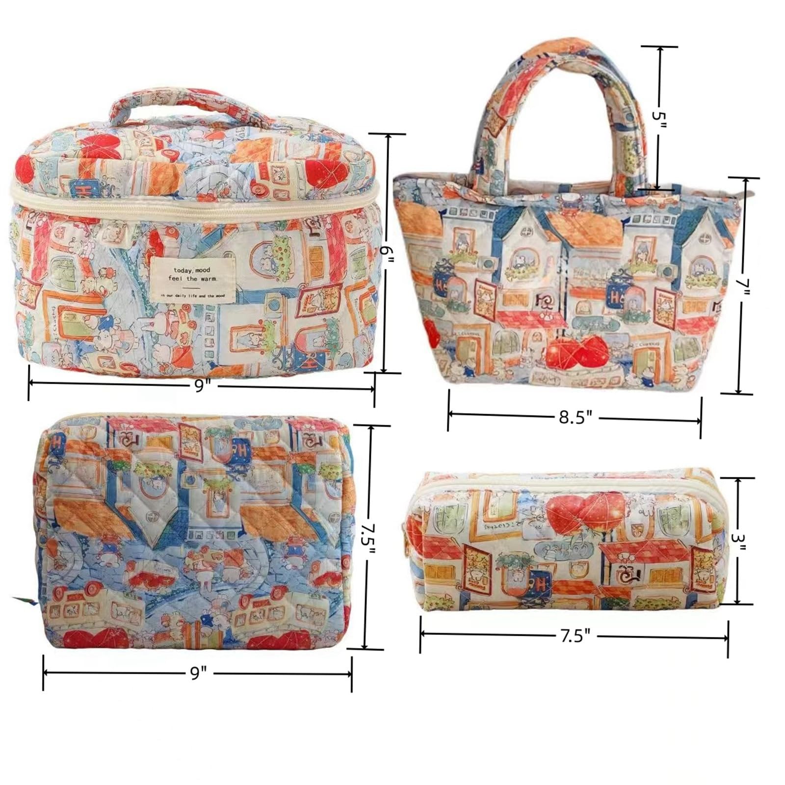 Coastal Floral Quilted Makeup Bag Set of 4 - Cute Cotton Cosmetic Organizer with Coquette Flowers Design for Women (Bear Print) - Perfect for Travel, Beach Trips & Daily Beauty Essentials Storage