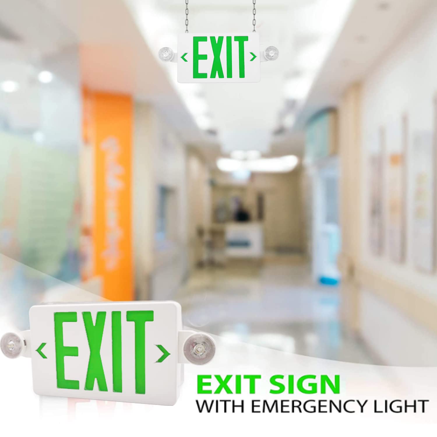 OSTEK 4 Pack UL-Listed Green LED Exit Sign with Emergency Light & Battery Backup - Dual LED Adjustable Head Fire Resistant ABS Emergency Exit Lights for Commercial Buildings, Warehouses, Schools (Green, 4 Pack)