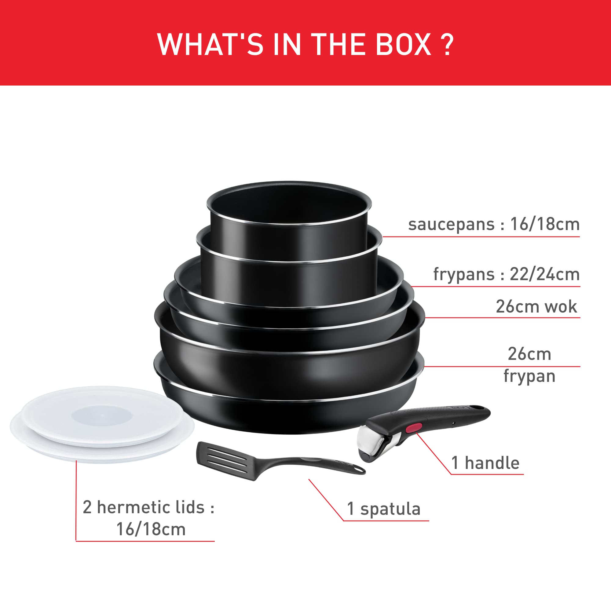 Tefal Ingenio Non-Stick Cookware Set - 10-Piece Stackable Pots & Pans with Lids & Removable Handle, Dishwasher Safe, Induction Compatible (Excluding Wok), Made in France - Perfect for Small Kitchens & Everyday Cooking