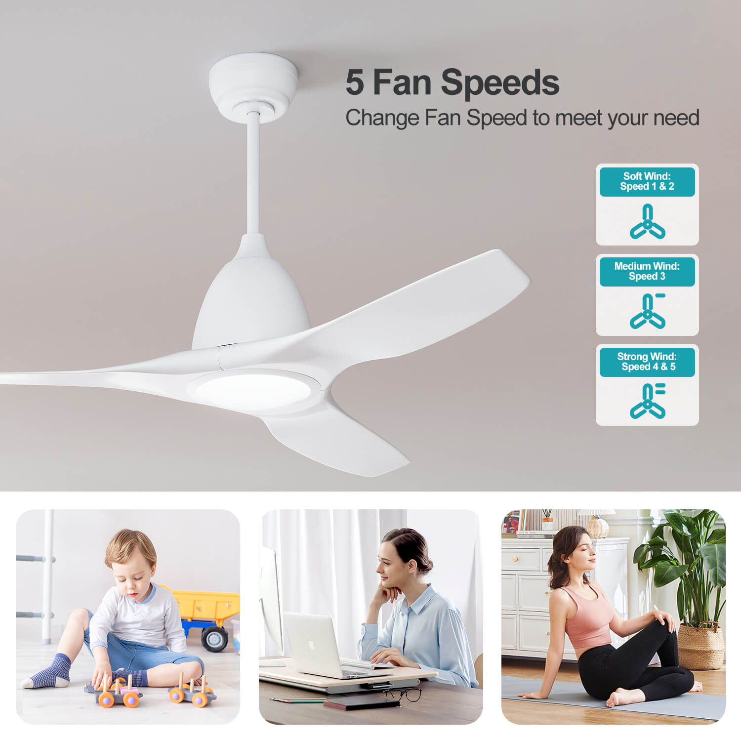 White 63-Inch 3-Blade Ceiling Fan with Remote Control, 3-Color LED Light & DC Motor - Perfect for Living Room, Bedroom, and Patio Cooling