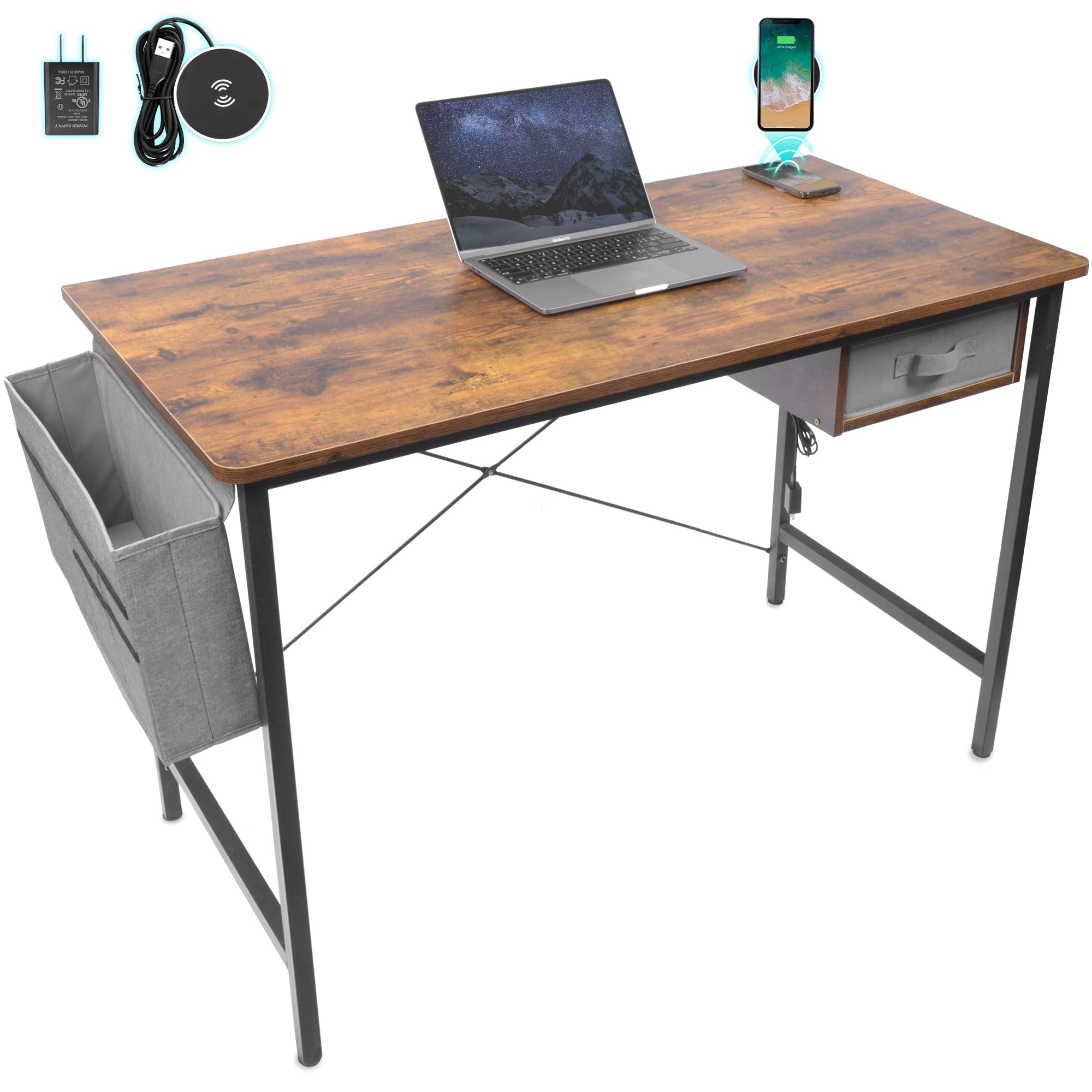 10W Qi-Certified Fast Wireless Charging Home Office Desk - Rustic Brown Wood Top with Black Metal Frame & Storage Drawer - Perfect for Laptop Work, Study & Small Space Organization - Compact Writing Desk with Modern Retro Design