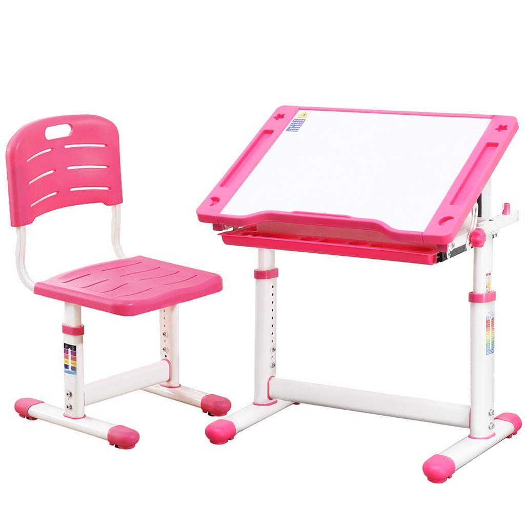OKBOP Adjustable Height Kids Desk and Chair Set with Tiltable Tabletop & Storage Drawer - Ergonomic Study Desk for Children, Perfect for Homework, Drawing & Online Learning - Pink Writing Table Stool Kit for Boys & Girls (Home & School Use)