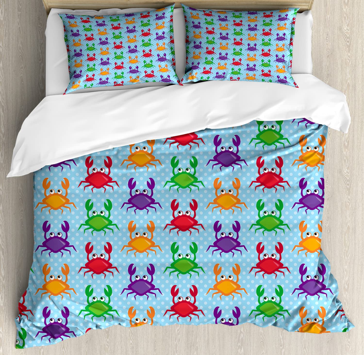 Ambesonne Crabs Duvet Cover Set - Cartoon Art Style Blue Crab & Bubbles Print Bedding - 2 Duvet Covers & 4 Pillowcases (2 Pack, Cal King Size, Multicolor) - Perfect for Beach Themed Bedrooms, Kids Rooms & Coastal Home Decor