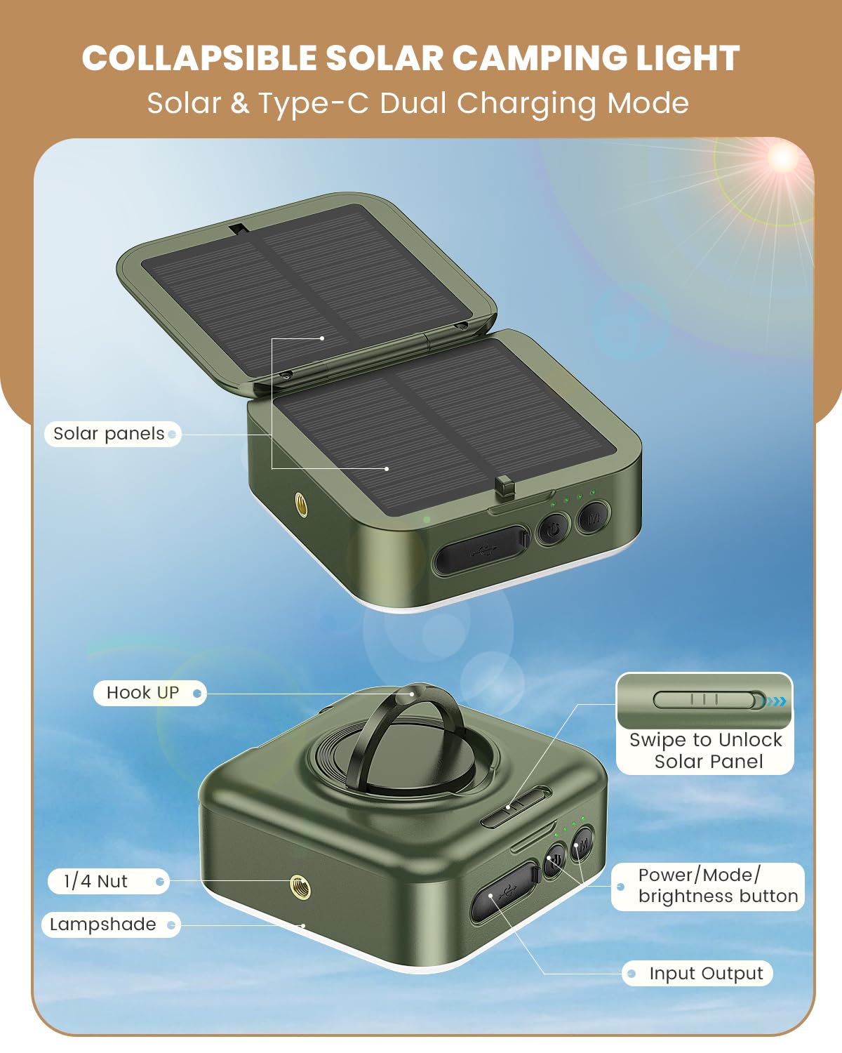 Solar Camping Lantern - 1000LM Collapsible LED Light with 5200mAh Battery, 5 Modes & IPX4 Waterproof - USB/Solar Rechargeable for Hiking, Emergency, Backpacking & Outdoor Adventures (Green)