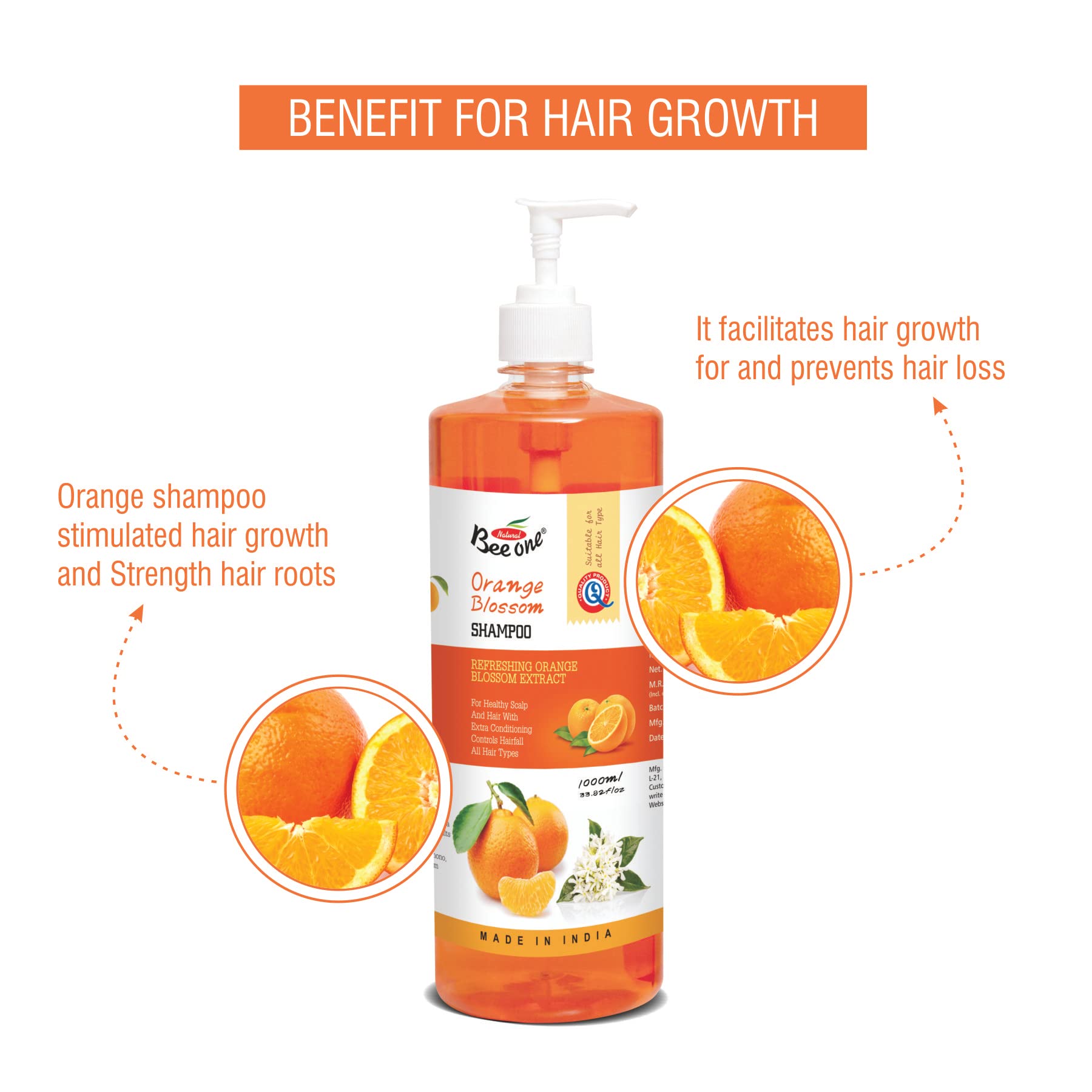 BEE ONE Orange Blossom Shampoo for Hair Growth & Shine - 1000ml Large Bottle - Sulfate Free & Natural Ingredients - Perfect for Daily Hair Care & Scalp Nourishment