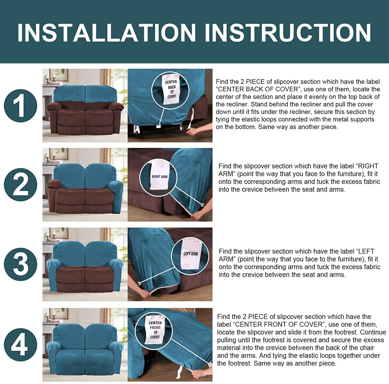 6-Piece Velvet Recliner Sofa Cover Set - Stretchable 2-Seater Loveseat Slipcover with Side Pockets - Soft Furniture Protector for Living Room, Family Room & Home Theater (Peacock Blue) - Perfect for Pets, Kids & Everyday Use