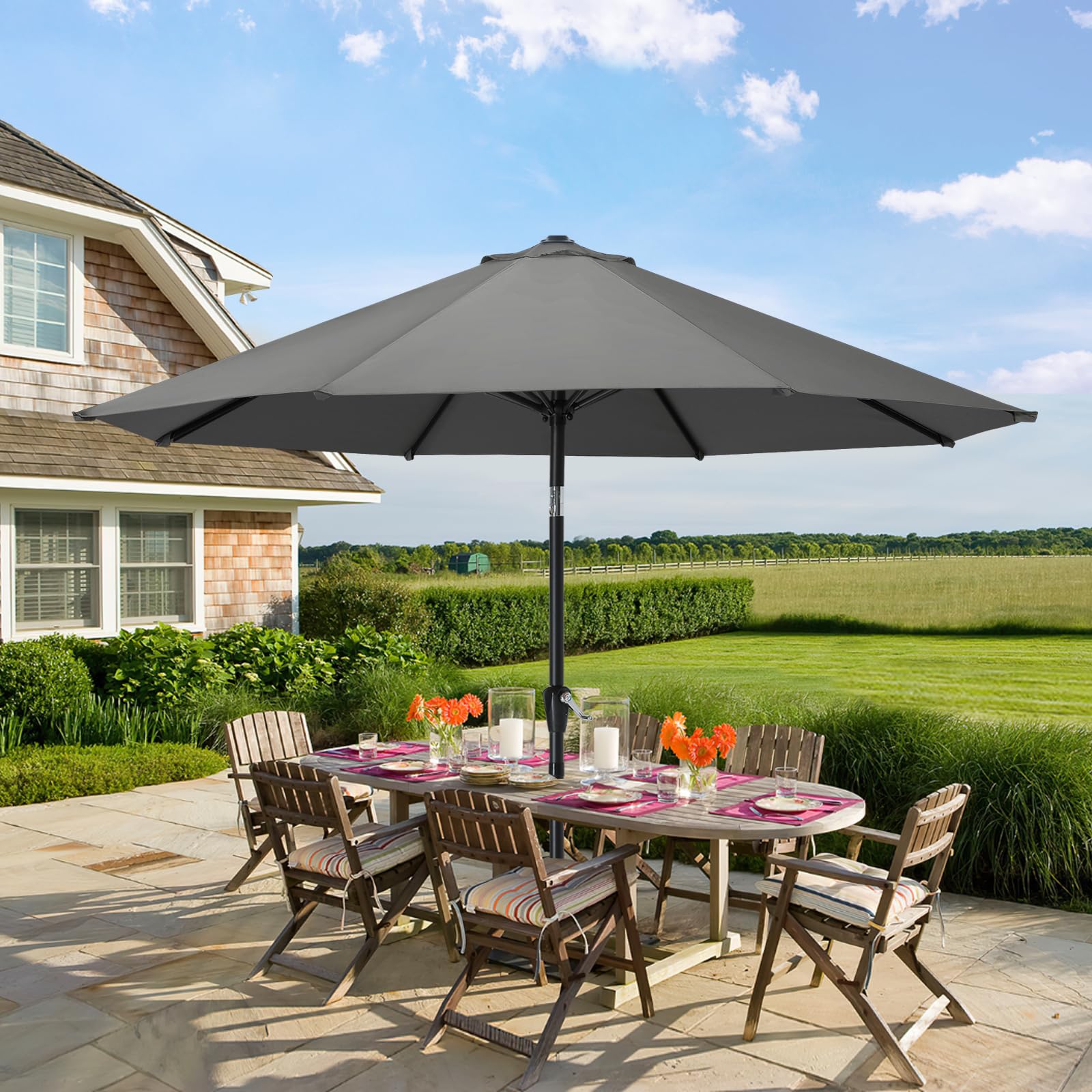 MASTERCANOPY 9ft Dark Gray Outdoor Patio Umbrella with 8 Ribs - Heavy Duty Market Table Umbrella for Restaurants, Cafes, and Backyard BBQs