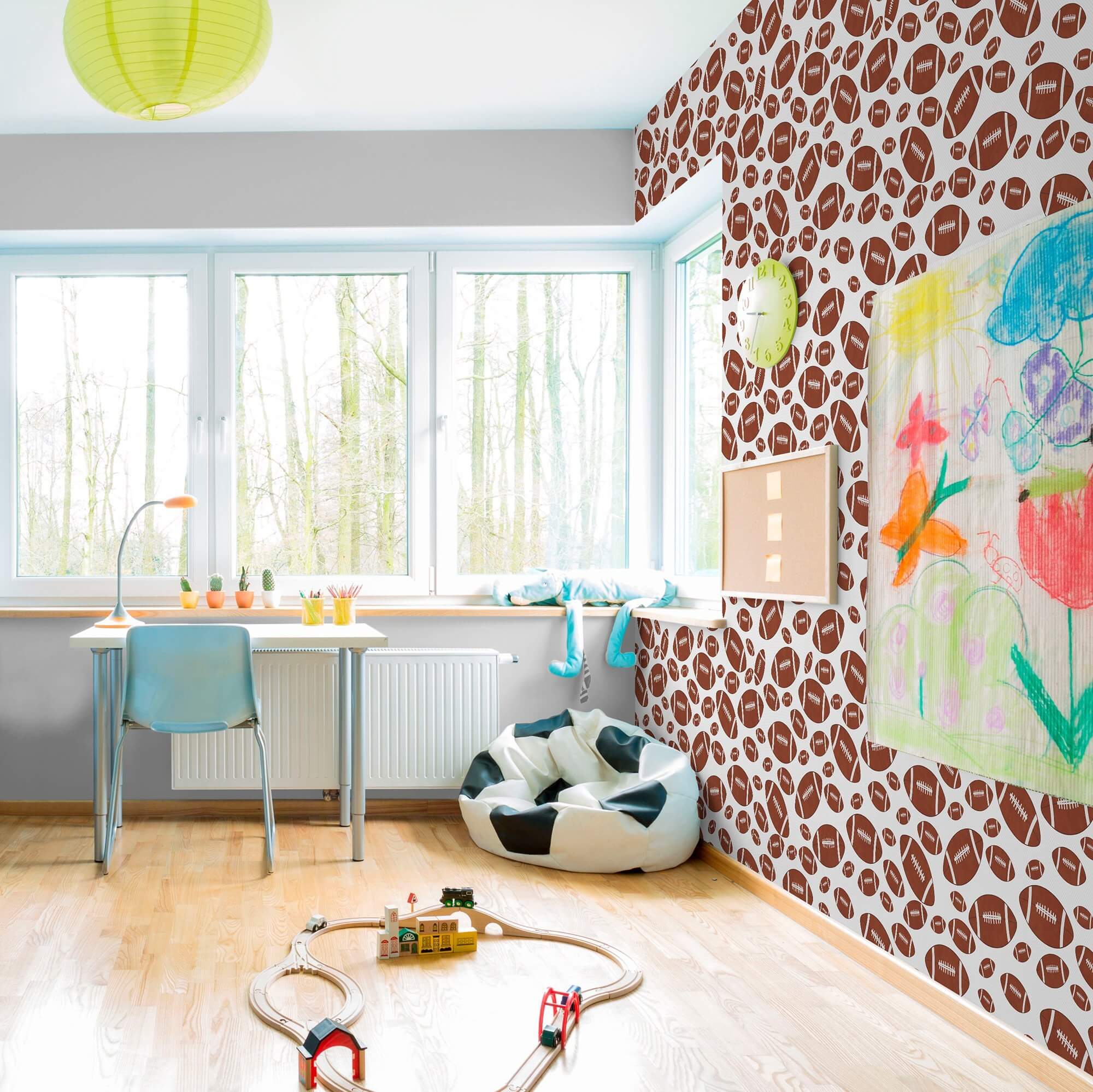 White and Brown Sports-Themed Peel and Stick Removable Wallpaper for Kids - Self-Adhesive Nursery Decor for Boys' Room, Playroom, and Bedroom Walls