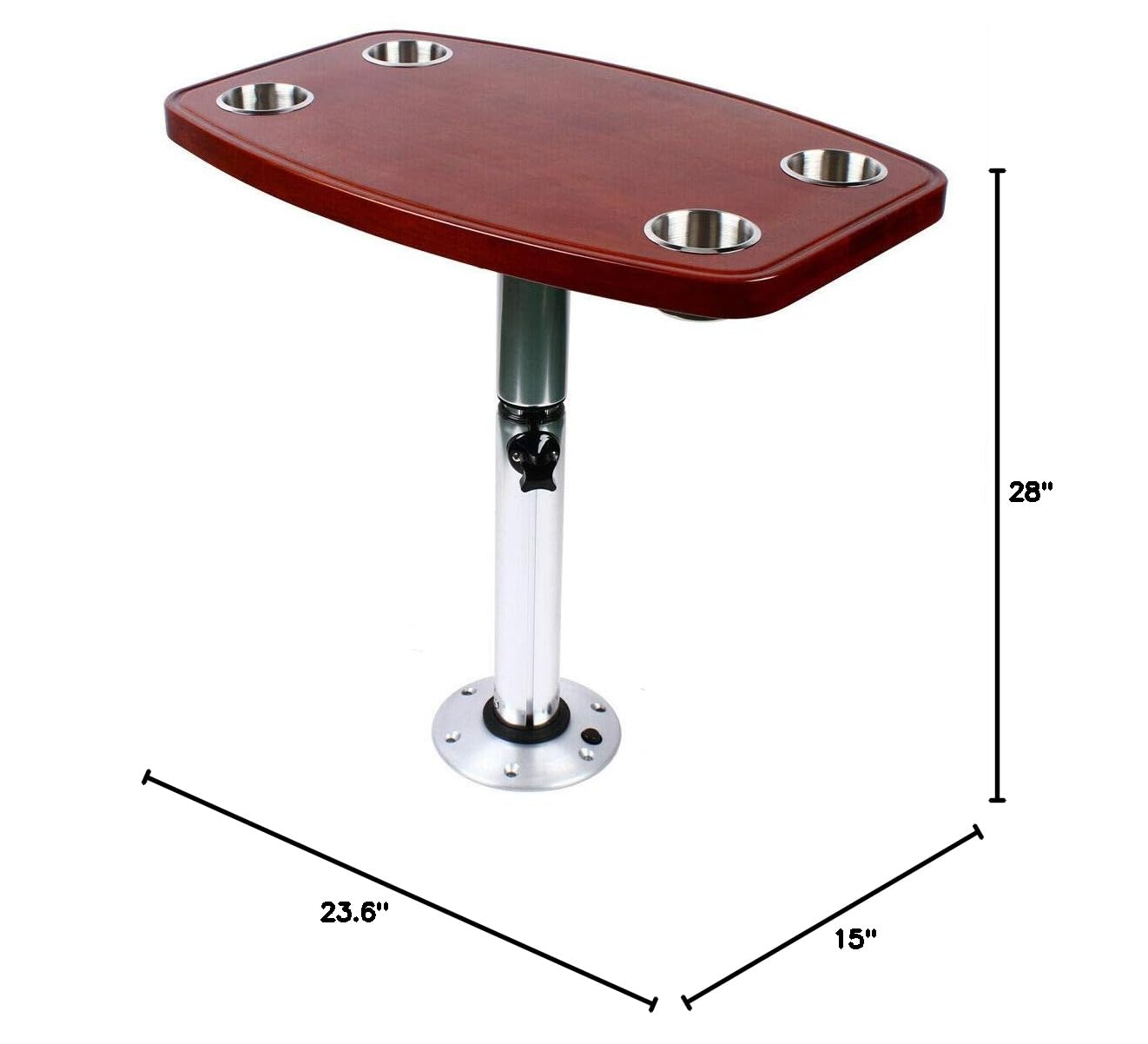**Premium Marine Boat & RV Table - Removable Varnished Oak Table Top with 4 Cup Holders, Adjustable Pedestal Stand (7 Height Settings) - Perfect for Boating, Camping & Outdoor Dining**