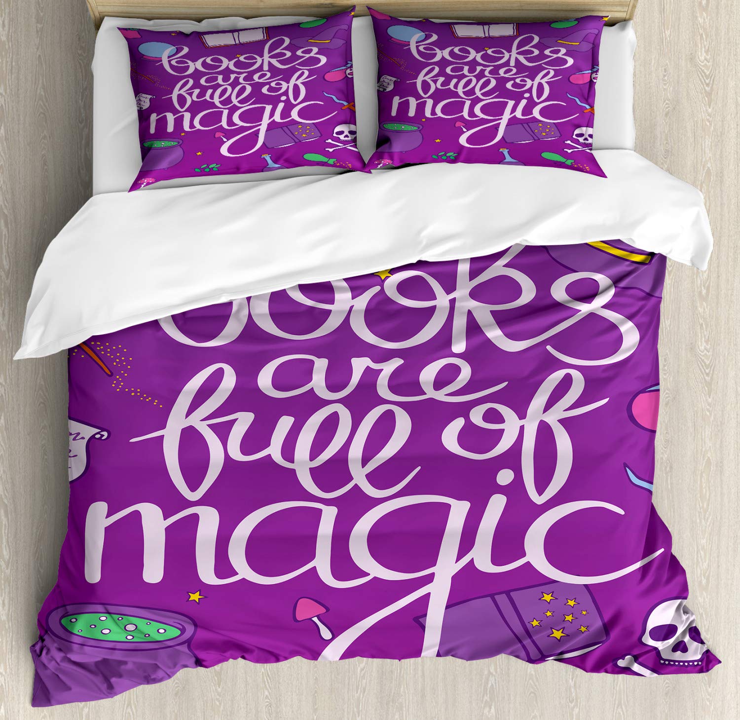 Ambesonne Book Themed Duvet Cover Set - Magic Wording Printed on Purple Background with Witch Decor, 3-Piece Bedding Set with 2 Pillow Shams (California King, Multicolor) - Perfect for Fantasy Book Lovers' Bedrooms & Witchy Home Decor
