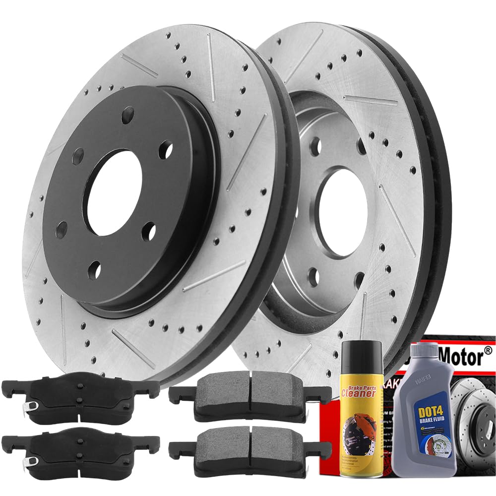 55151 Rear Brake Rotors 13.02 Inch (330.7mm) Drilled & Slotted Rotor with Ceramic Brake Pads & DOT4 Brake Fluid Kit - Compatible with Buick Enclave, Chevrolet Traverse, GMC Acadia Limited, Saturn Outlook - Perfect for High-Performance Braking & Off-Road Adventures