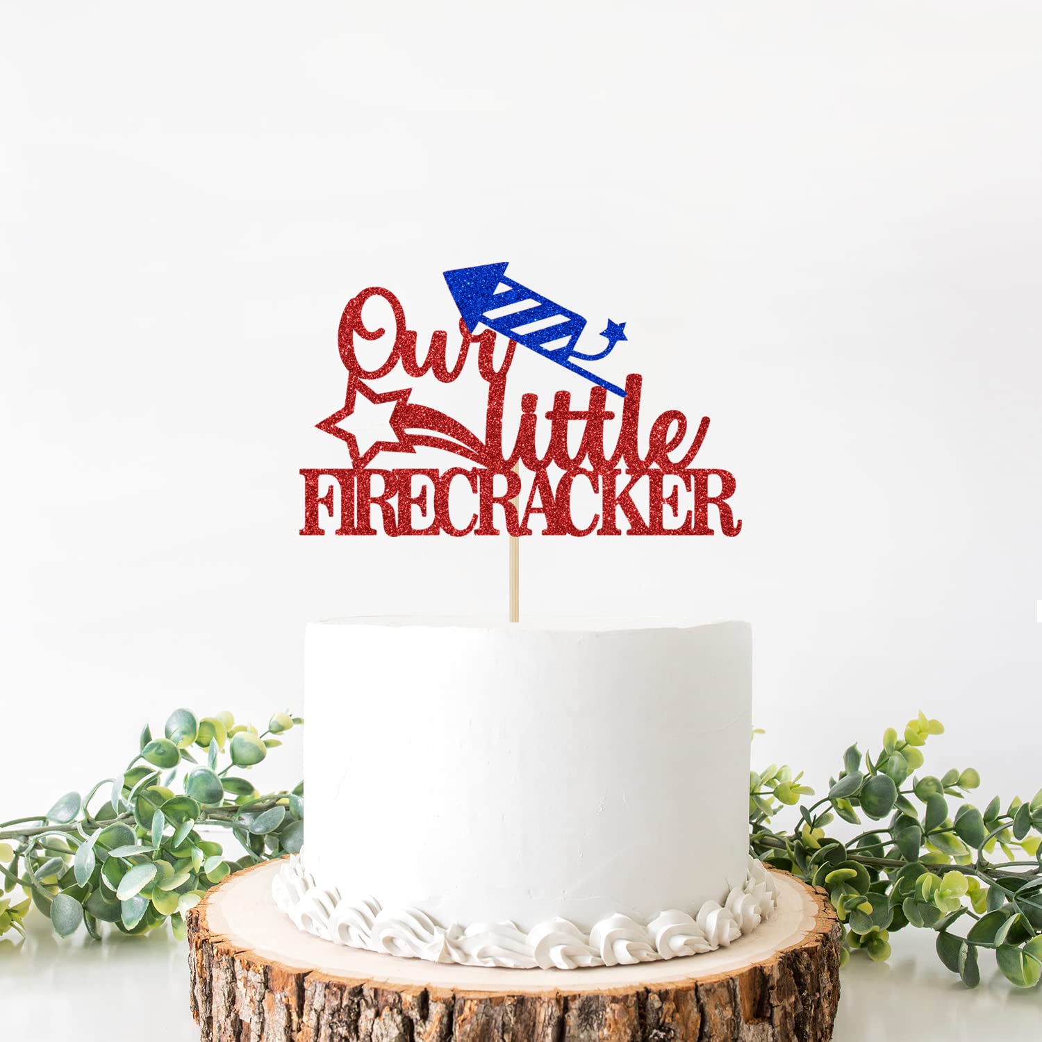 Our Little Firecracker Cake Topper - Patriotic 4th of July & 1st Birthday Cake Decorations - Red & Blue Glitter Party Supplies for Independence Day, Baby Shower & Gender Reveal Celebrations