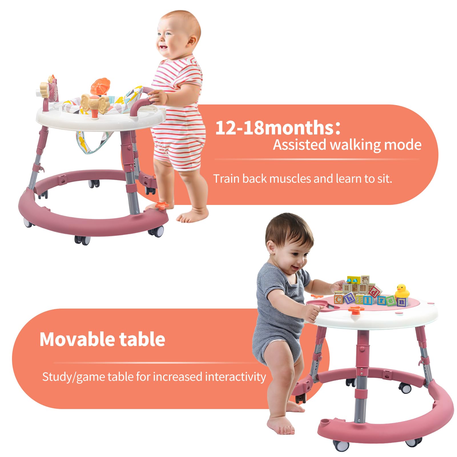 Baby Walker with Wheels & Activity Center for 6-18 Months - Interactive Learning Toy for Boys & Girls (Pink) | Perfect for Early Walking Development & Playtime Fun