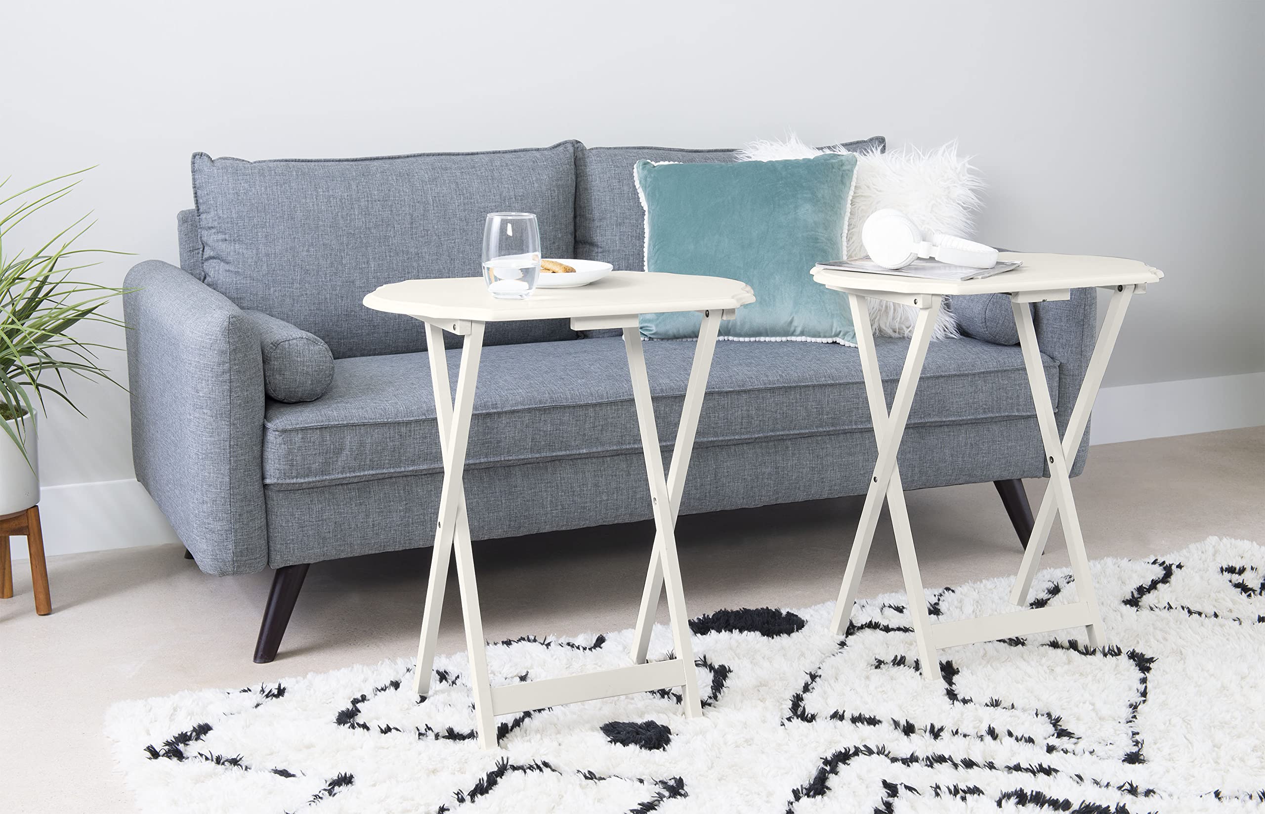 Linon White Folding Set of 2 Audra Snack Trays - Portable Side Tables for Sofa, Bed, Floor - Perfect for Living Room, Bedroom, Dorm, Office & Outdoor Use