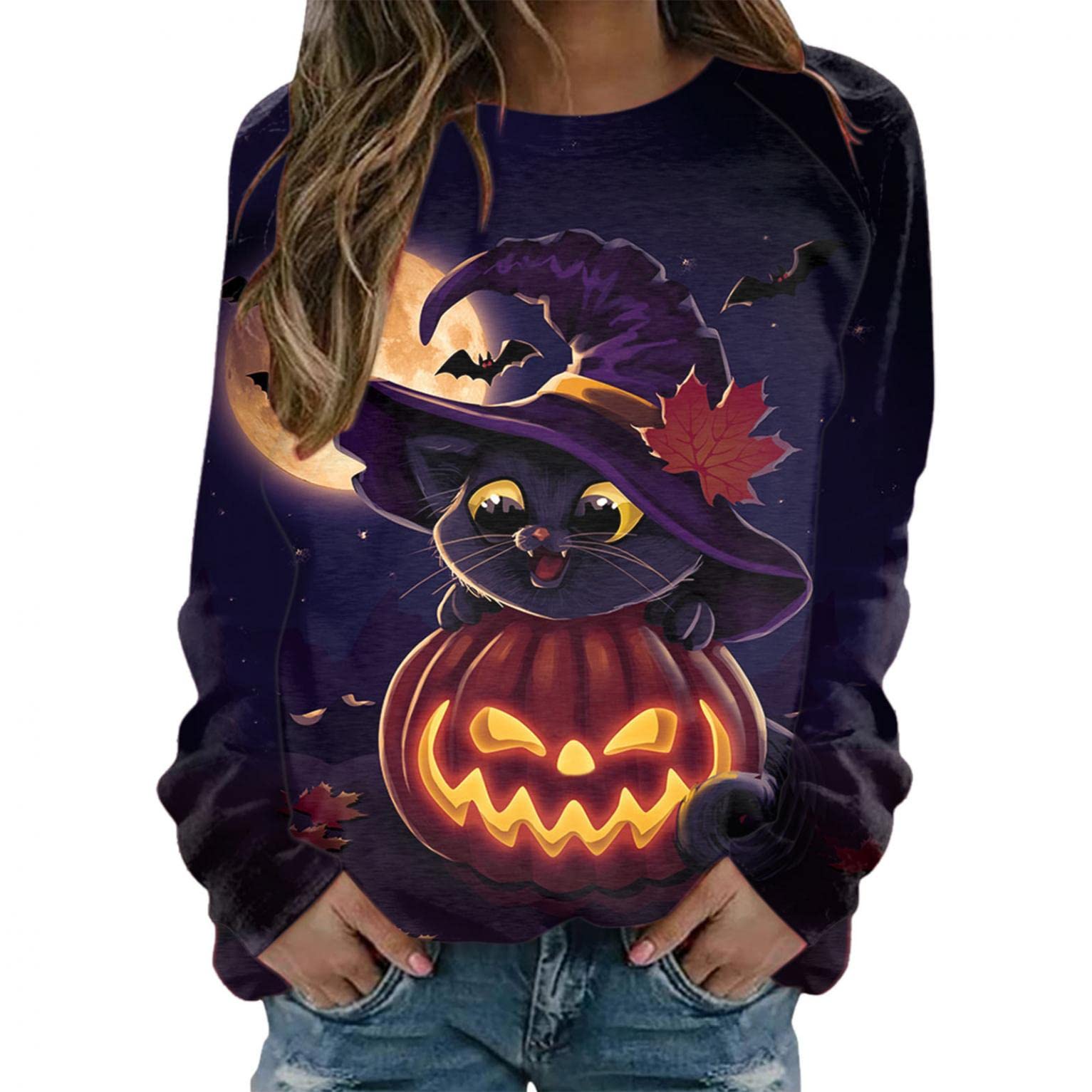 WOCACHI Women's Long Sleeve Blouse - Black Cat Print Cute T-Shirt Top (Red #9, Small) | Casual Office Wear & Halloween Costume