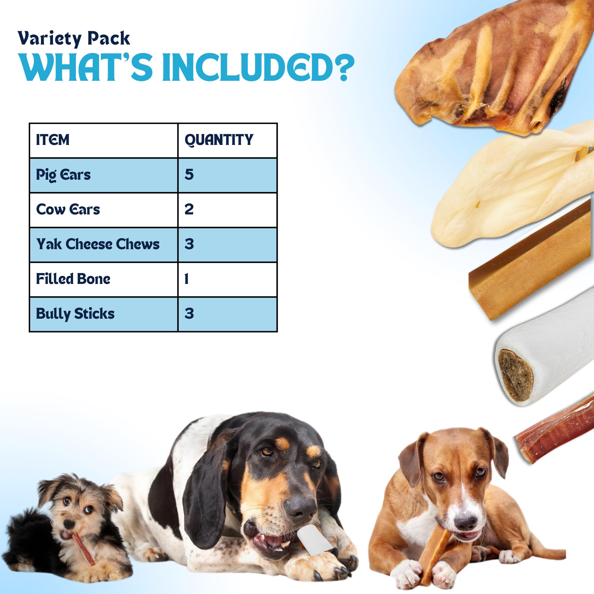 Premium Dog Treat Variety Box - 5 Pig Ears, 3 Yak Cheese Chews, 3 Bully Sticks, 2 Cow Ears & 1 Dog Bone - 100% Natural Long-Lasting Chews for Dogs - Perfect for Training, Teething & Dental Health
