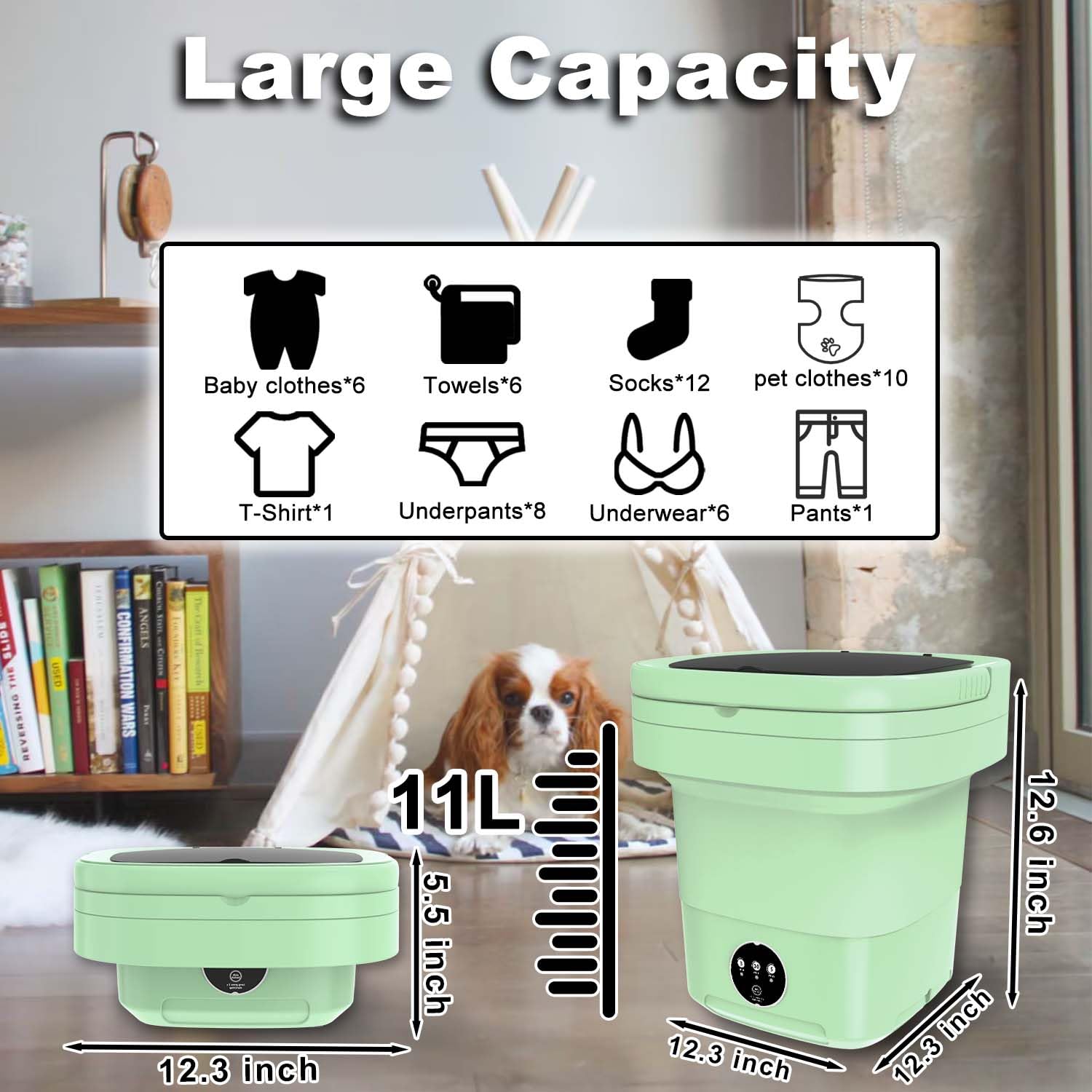 Portable Washing Machine 11L Large Capacity - Compact Collapsible Mini Washer & Dryer with Spin Function for Travel, Apartments, Camping - Perfect for Socks, Underwear & Baby Clothes (Green) | Space Saving Laundry Solution for Small Homes & Dorms