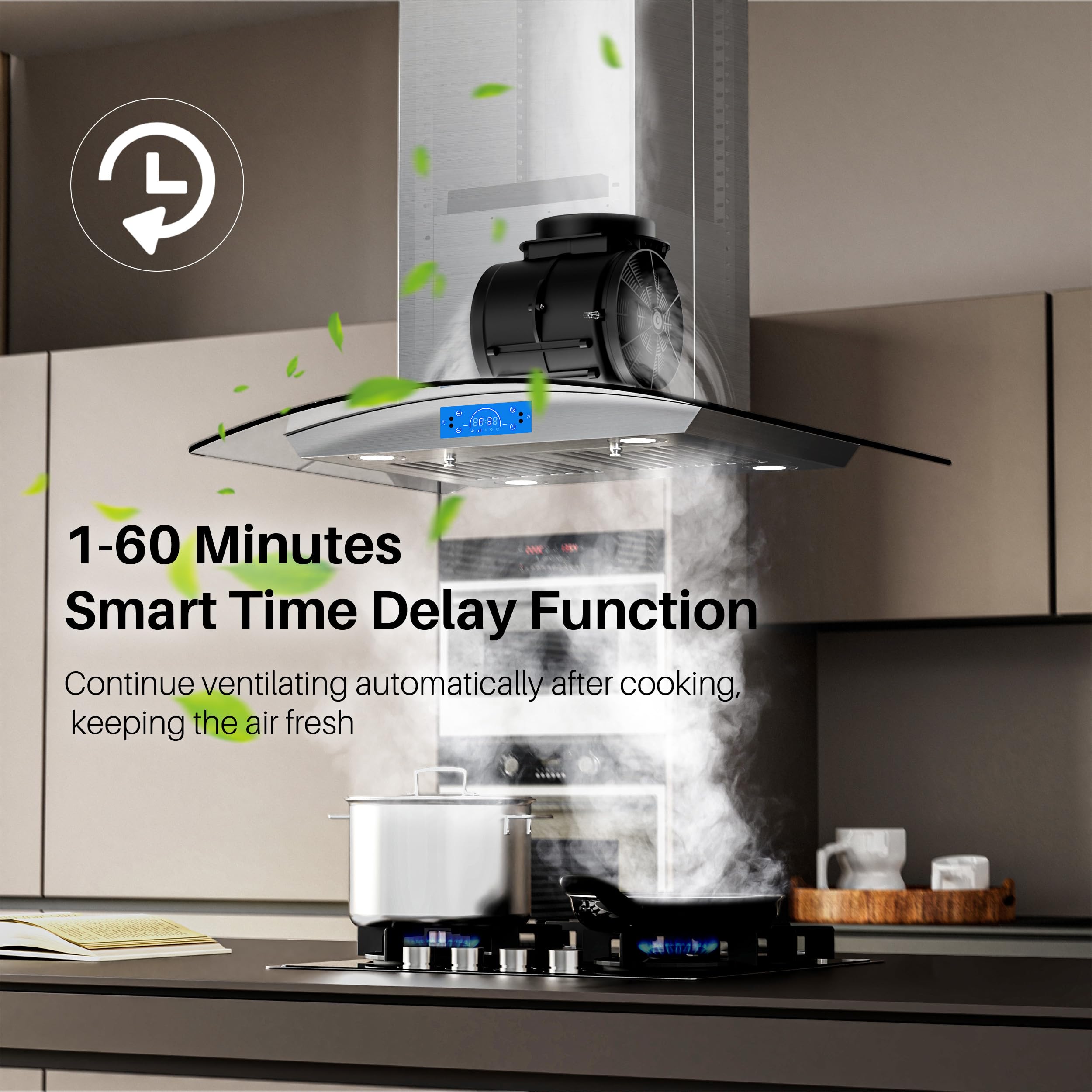 **FIREGAS 30-Inch Island Range Hood 700 CFM - Stainless Steel Chimney Mount Kitchen Vent Hood with Tempered Glass, 4 LED Lights, Permanent & Charcoal Filters, Touch Control Panel - Perfect for Open Kitchen & Modern Home Cooking**