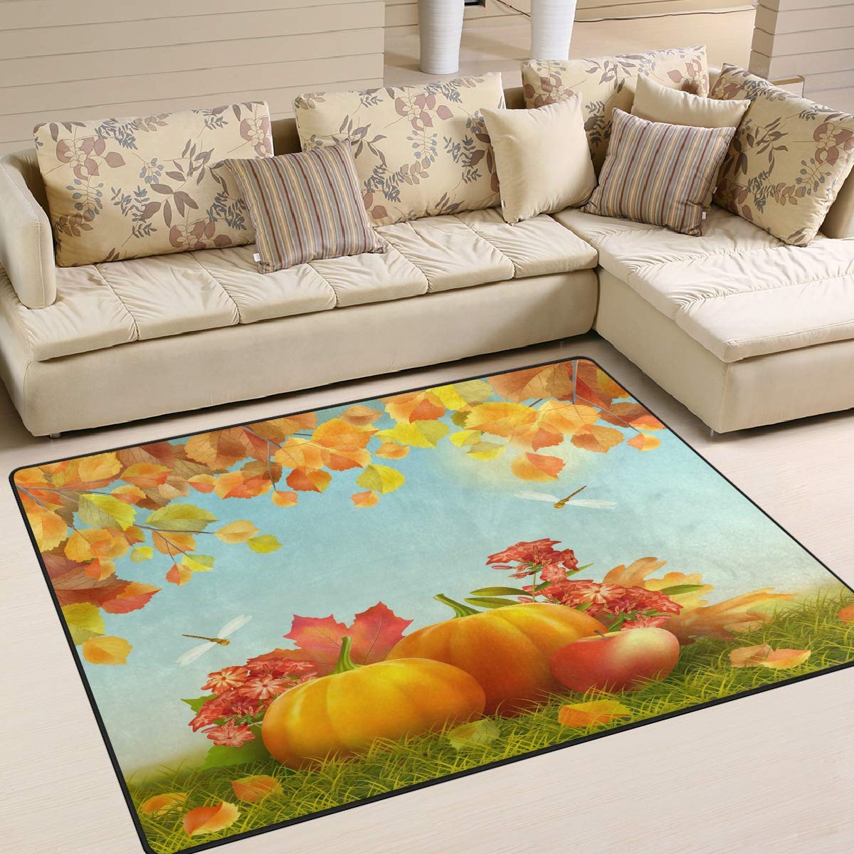 ALAZA Autumn Harvest Thanksgiving Pumpkin Maple Leaves Area Rug 7' x 5' - Non-Slip Living Room & Bedroom Carpet for Fall Decor, Seasonal Home Accent
