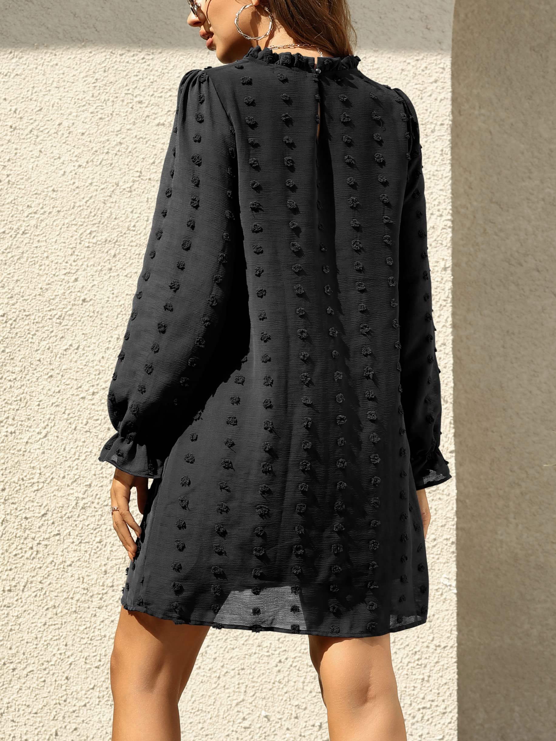 FAMITION Women's Long Sleeve Swiss Dot Chiffon Mini Dress - Elegant Wedding Guest, Fall Casual & Flowy Party Dress for Women | Perfect for Bridal Showers, Cocktail Parties & Date Nights