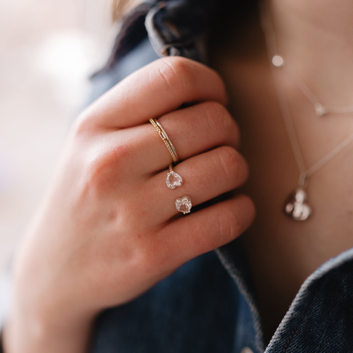 LOVE DUO HEART RING - White Topaz & Sterling Silver Jewelry for Women - Perfect for Valentine's Day, Anniversary & Romantic Gifts