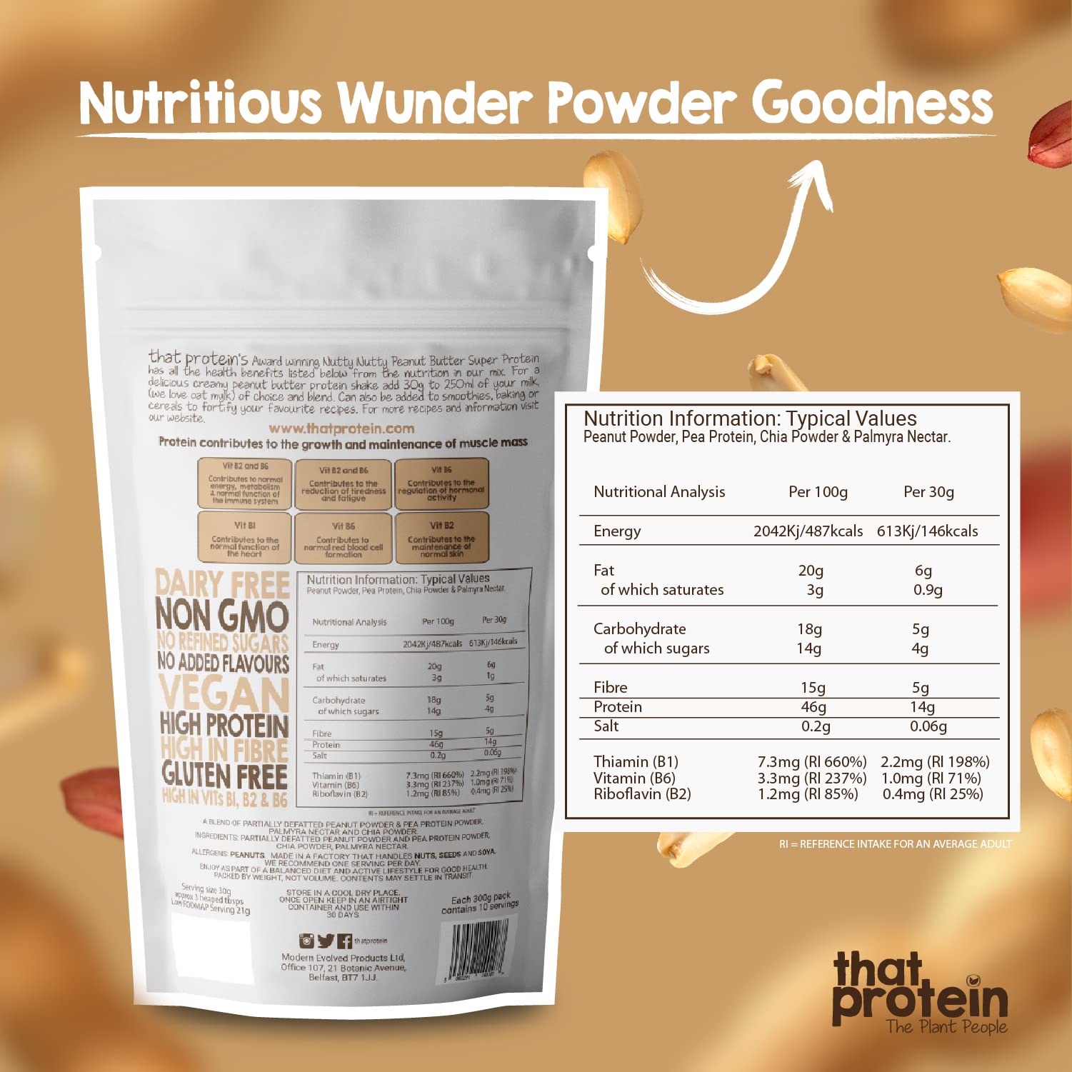 Organic Vegan Protein Powder - Gluten Free, Low FODMAP Peanut Butter Flavored Plant-Based Protein Supplement (300g) | Supports Muscle Growth, Bone Health & Immune System | Ideal for Smoothies, Baking & Post-Workout Recovery