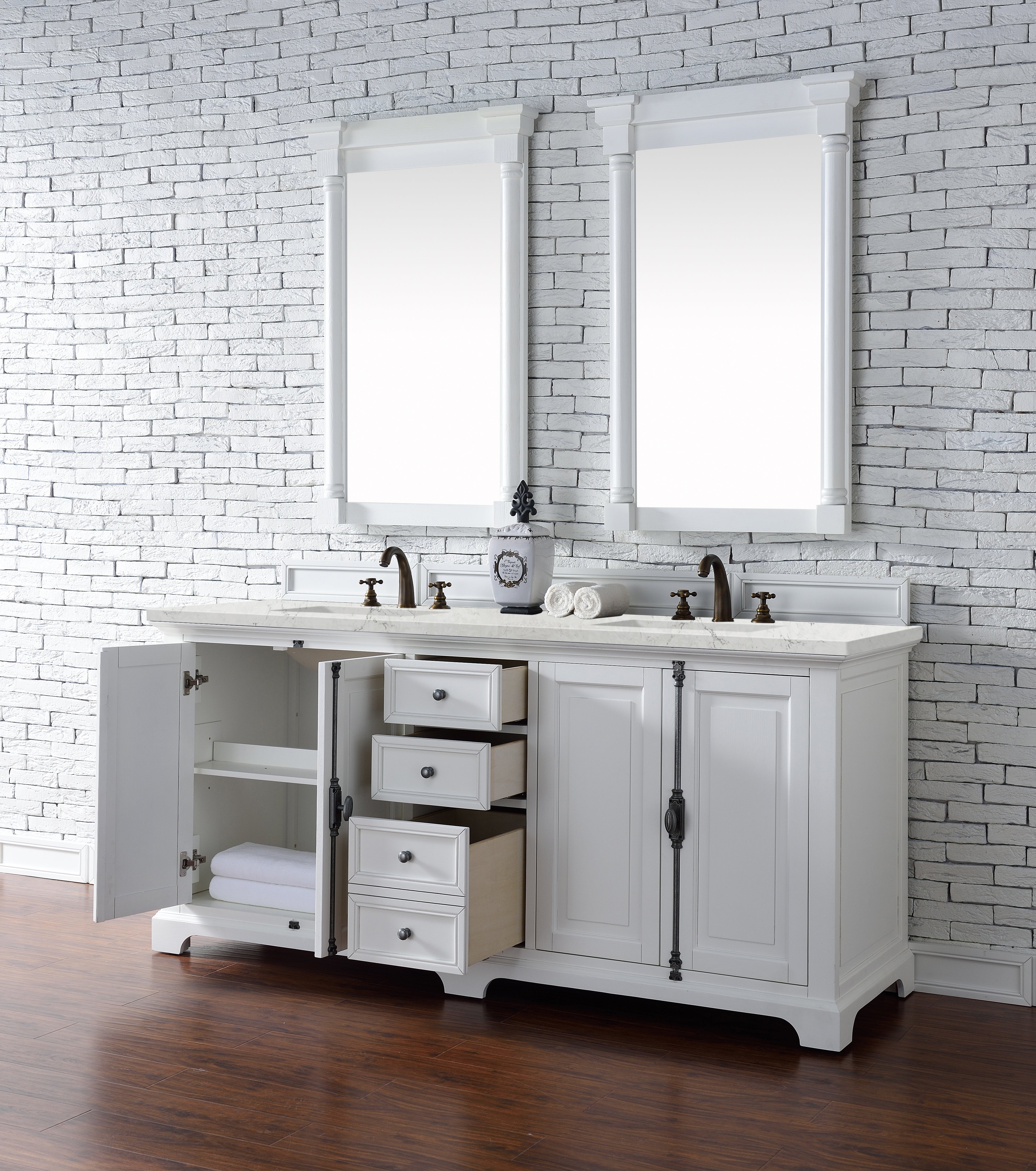 Providence 72 Inch Double Vanity Cabinet with 3CM Eternal Jasmine Pearl Quartz Top - Bright White Bathroom Vanity for Master Bath & Guest Bath Remodel