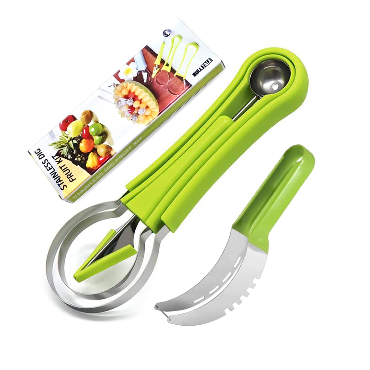 4-in-1 Multifunctional Melon Baller Scoop Set - Fruit Carving Tools, Cookie Scoop, Watermelon Cutter Knife & Peeler - Perfect for Fruit Salad, Dessert Garnishing & Party Food Prep