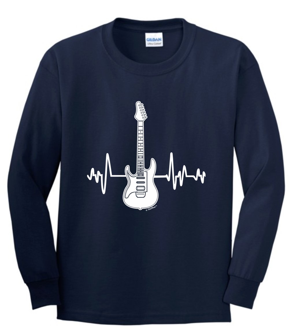 Electric Guitar Heartbeat T-Shirt - Music Lovers Gift for Youth & Band Fans - Cool Long Sleeve Graphic Tee for Concerts, Gigs & Casual Wear