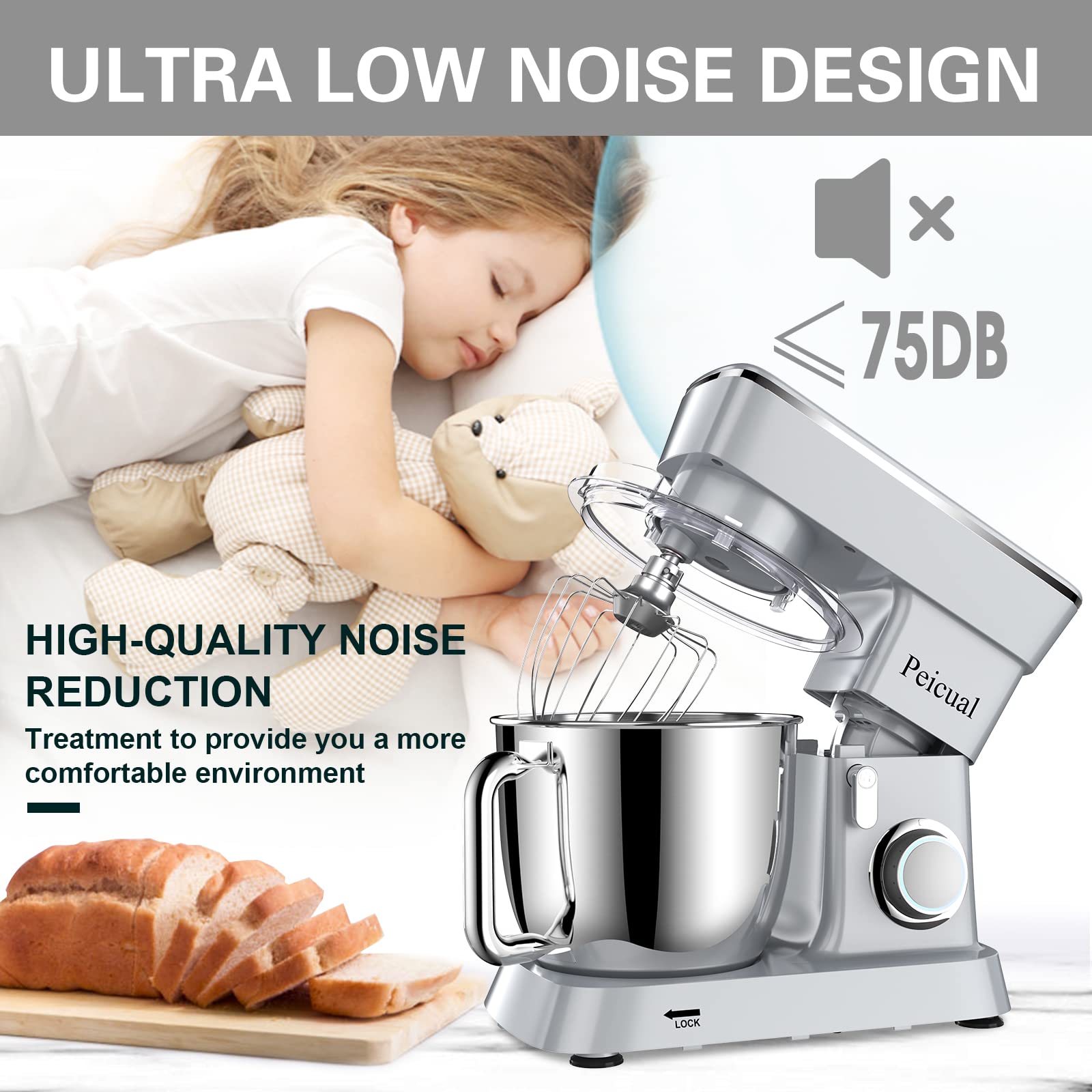 6QT 10-Speed Tilt-Head Stand Mixer - Powerful Kitchen Electric Mixer with Stainless Steel Bowl, Dough Hook, Flat Beater & Wire Whisk - Perfect for Baking Cakes, Cookies, Bread & More - Silver