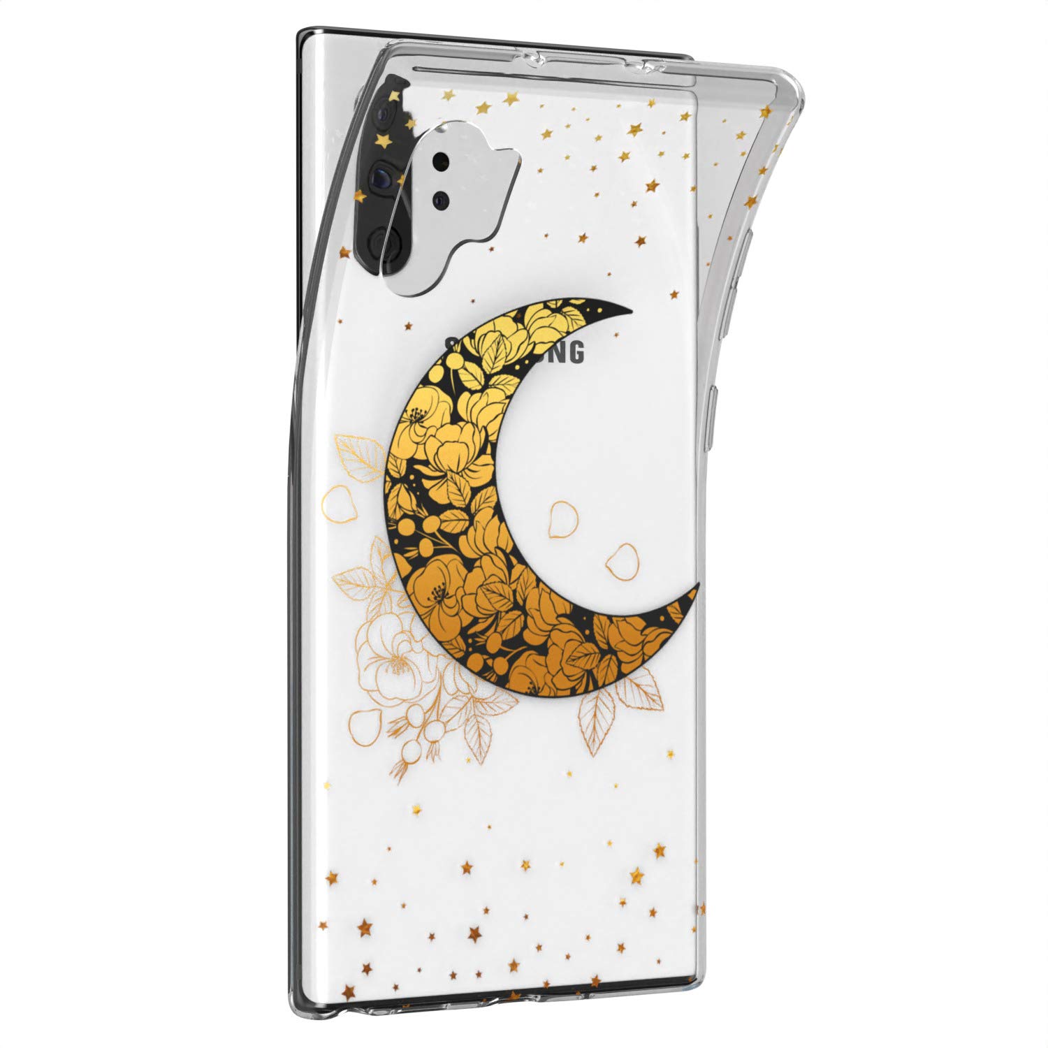 Samsung Galaxy S24 S23 Ultra S22 5G Plus S21 FE S20 S10 Phone Case - Gold Floral Celestial Design Slim Silicone TPU Protective Cover with Crescent Moon Blossom Flowers | Perfect for Everyday Use, Travel & Gift Giving