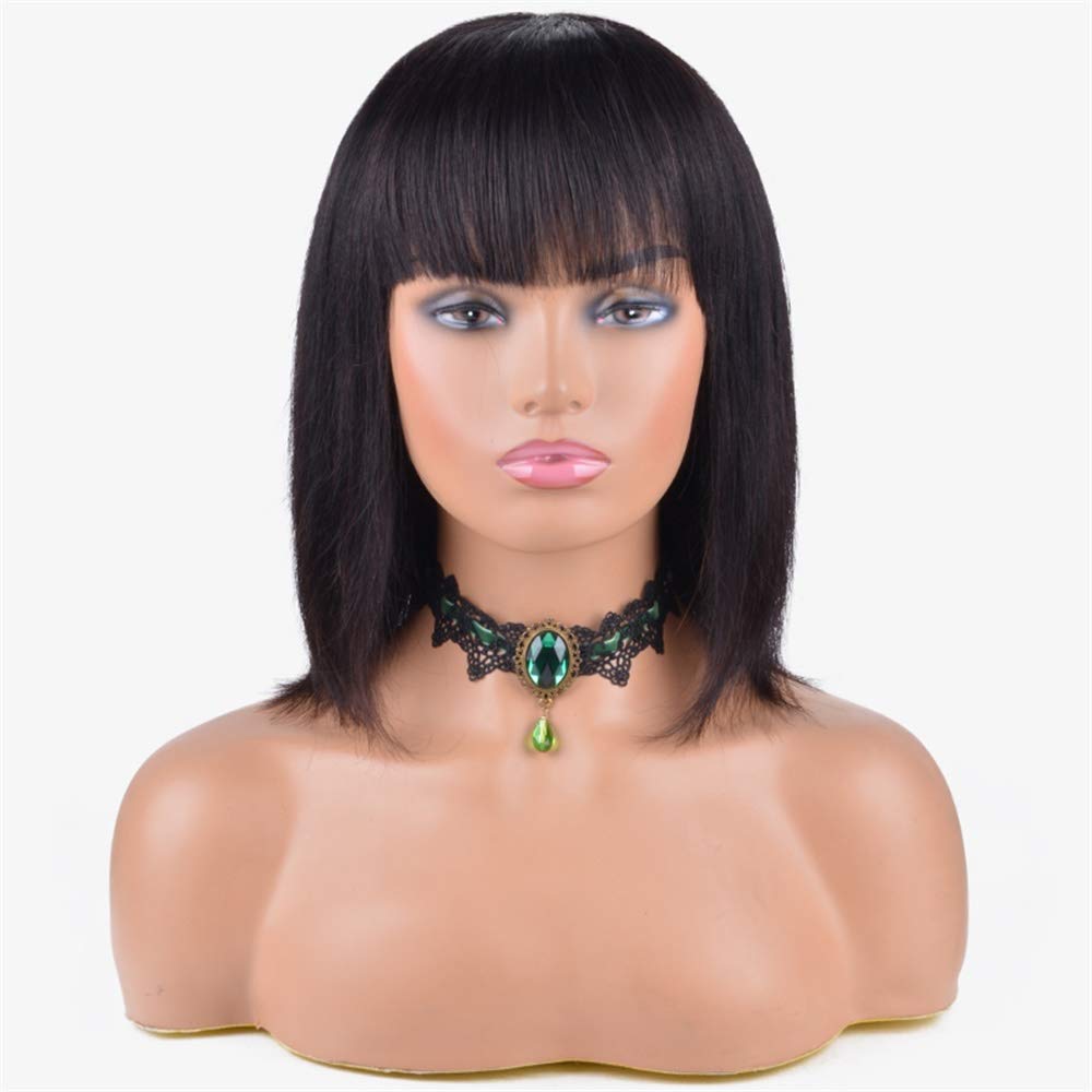 100% Brazilian Virgin Human Hair Short Bob Wigs with Bangs - 12 Inch Straight Glueless Machine Made Wig for Black Women | Natural Color | Perfect for Daily Wear, Cosplay & Special Occasions