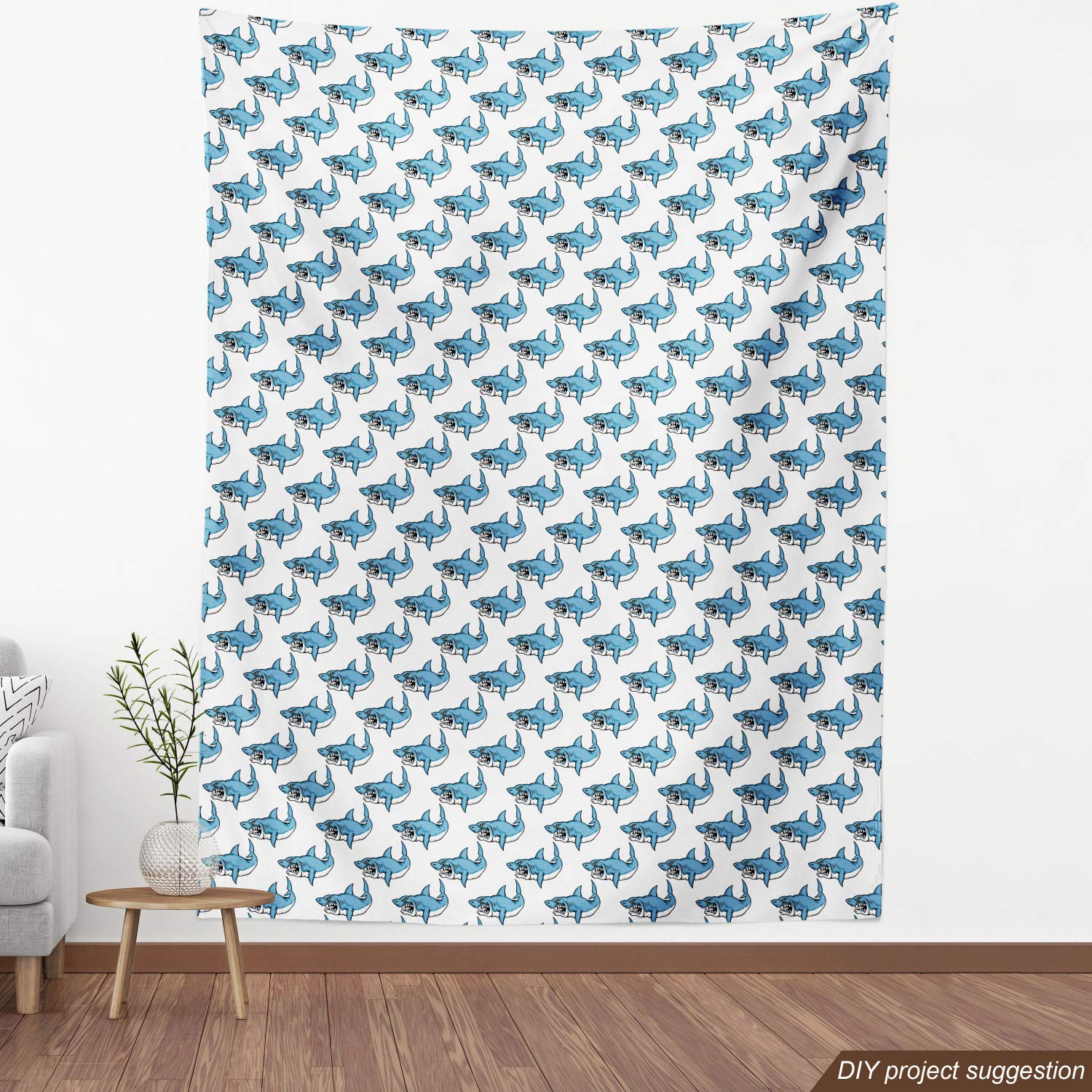 Ambesonne Sea Animals Fabric by The Yard - Fierce Predator Wild Shark Swimming with Sharp Teeth Bite Nautical Theme Pattern - Decorative Upholstery Fabric for Sofa, Curtains, Pillows - 1 Yard White Blue Home Decor Fabric - Perfect for Coastal Themed Living Rooms, Beach House Decor, Ocean Inspired Bedrooms