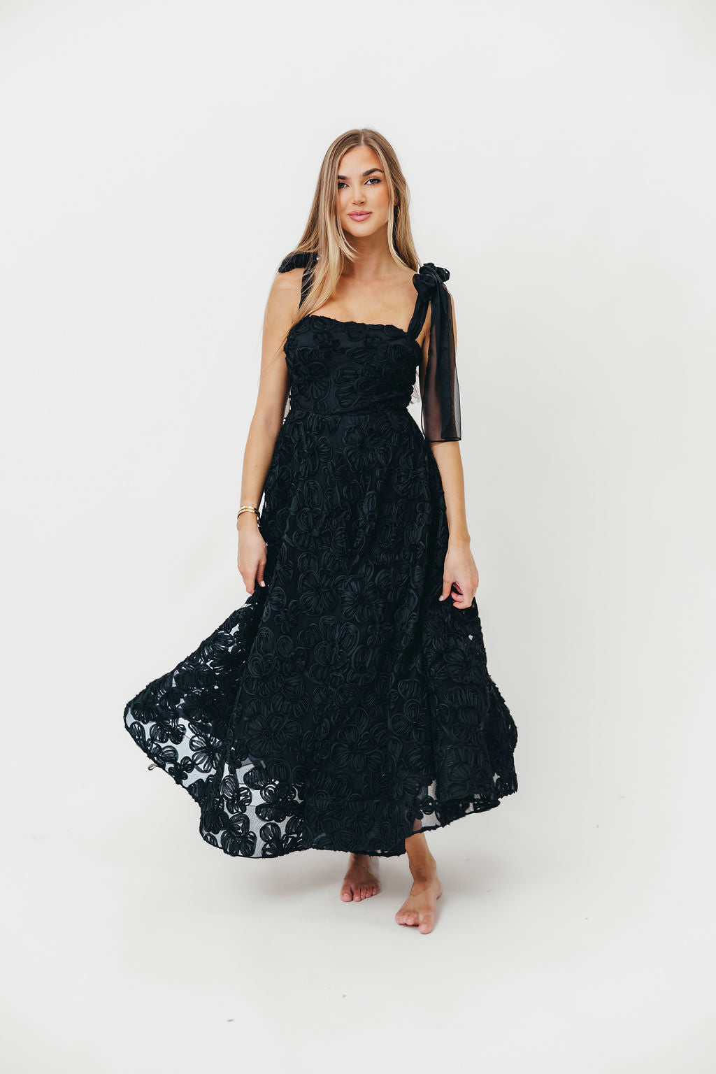 Zinnia Black 3D Textured Lace Midi Dress for Women - Elegant Party, Wedding Guest & Special Occasion Outfit