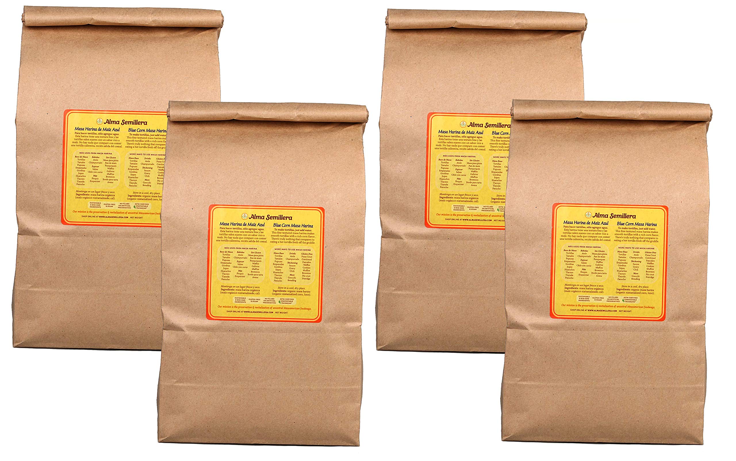 Organic Blue Corn Masa Harina by ALMA SEMILLERA - Gluten Free, Vegan, Non-GMO, Fine Texture (5 lb – 4 Pack) for Authentic Mexican Tamales, Tortillas & Pupusas