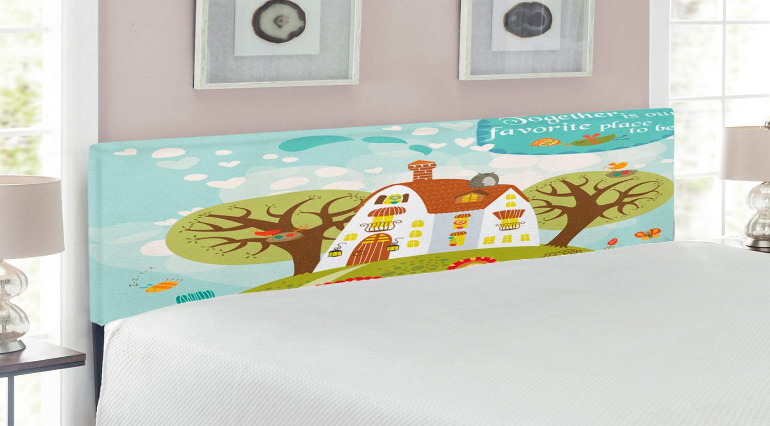 Ambesonne Cartoon Headboard - Upholstered Decorative Metal Bed Frame with Memory Foam, King Size, Multicolor House & Nature Design - Perfect for Kids' Rooms, Guest Bedrooms & Cozy Home Decor