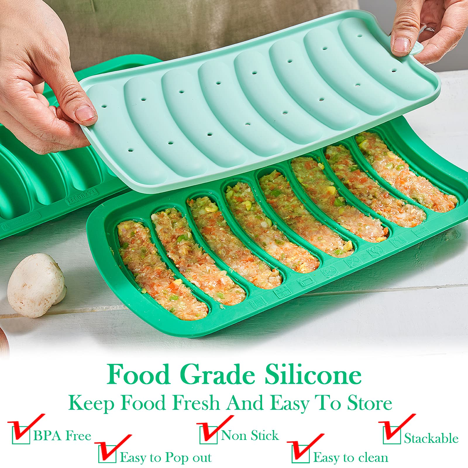 2 Pack Large Green BPA-Free Non-Stick Silicone Sausage Molds (8 Cavity) for DIY Breakfast Sausages, Hot Dogs & Homemade Baby Food - Perfect for Meal Prep, BBQ Parties & Healthy Cooking