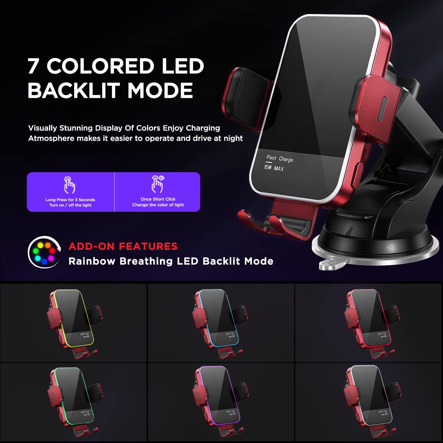 15W Fast Wireless Car Charger with Auto Clamping & 7-Color LED Backlight - Compatible with iPhone 14/13/12/11/X, Samsung Galaxy S23/S22/S21/S10/Note 20 - Perfect for Hands-Free Charging While Driving (Red)