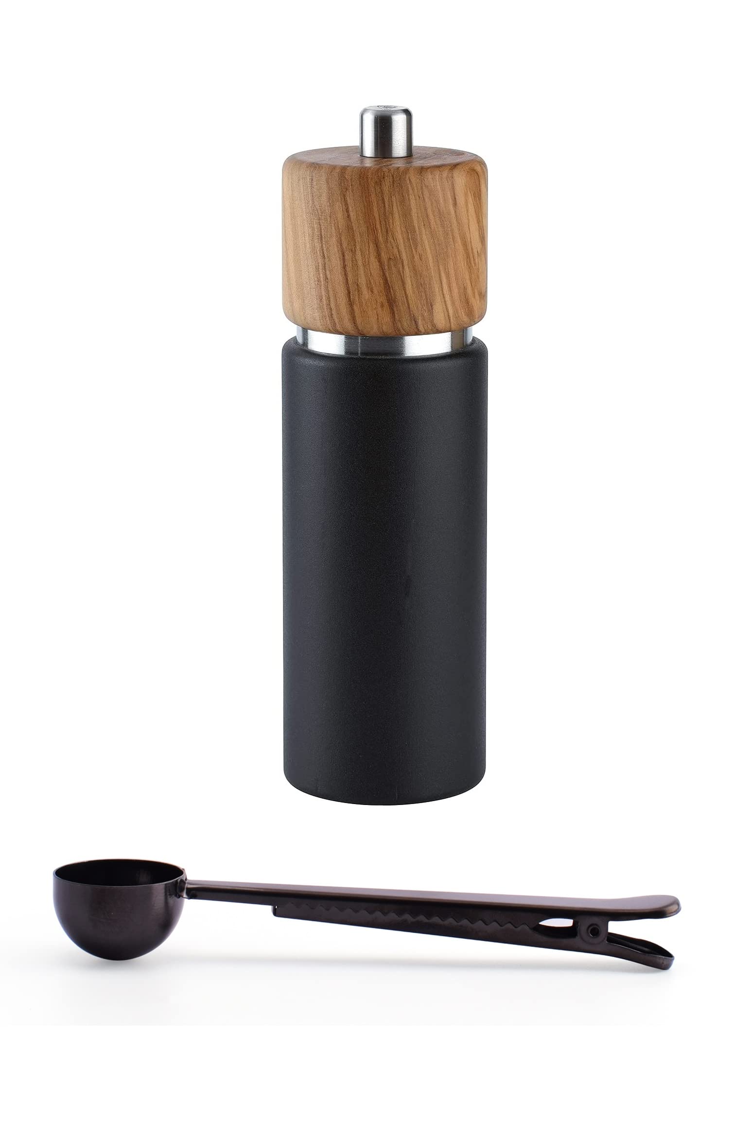 Premium Zassenhaus Hannover 7-Inch Pepper Grinder Mill Gift Set - Matte Black & Natural Olive Wood with Stainless Steel Spice Scoop & Bag Clip - Perfect for Kitchen, Dining Table & Gourmet Cooking Gifts