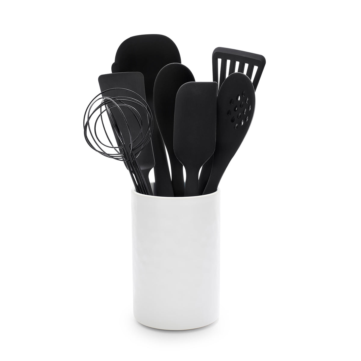 Premium 8-Piece Silicone Kitchen Utensil Set with Crock - Non-Slip, Heat-Resistant Cooking Tools for Baking, Frying & Serving - Black