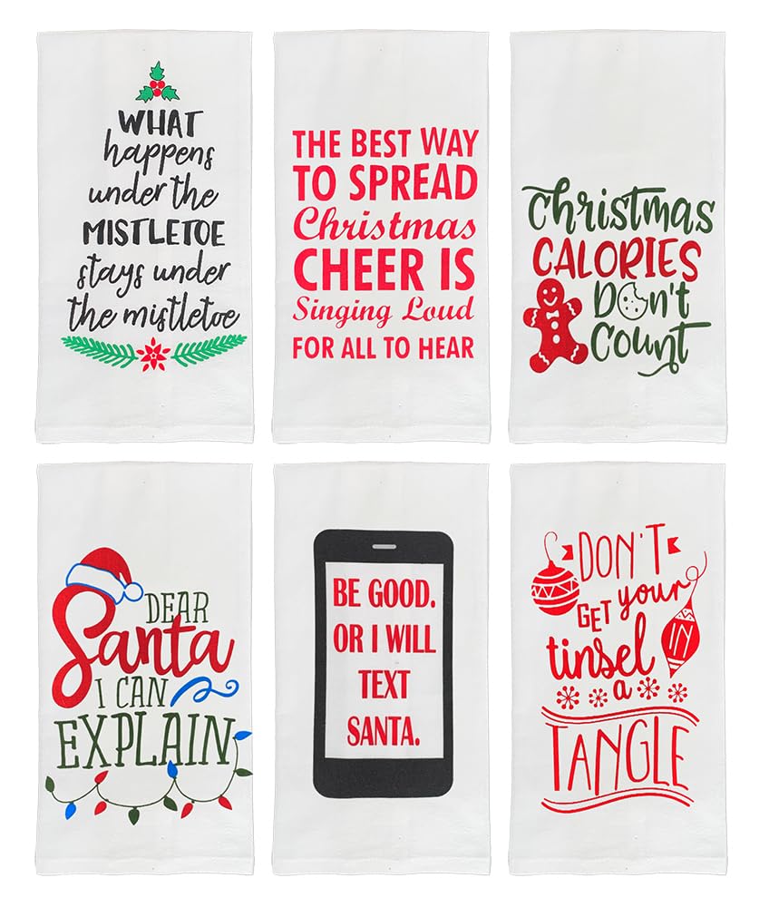 Funny Christmas Kitchen Towels Set - 6 Pack Cotton Holiday Dish Towels with Cute Xmas Designs & Sayings - 15”x25” Flour Sack Towels for Dish Drying, Hand Drying & Festive Decor - Perfect for Holiday Cooking, Gift Giving & Home Decoration