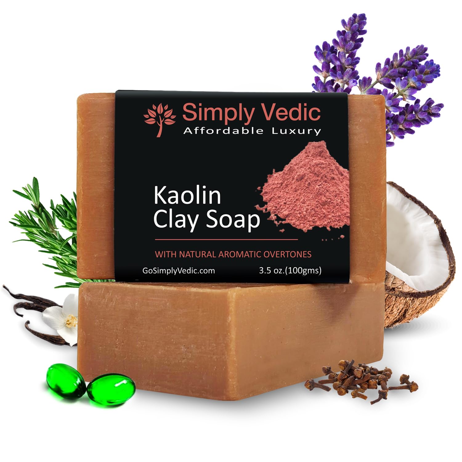 Simply Vedic Kaolin Clay Cold Pressed Soap Bar - Organic Natural Deep Exfoliating & Detoxifying Face & Body Cleanser | Handmade Sulfate-Free, Paraben-Free for All Skin Types | Men & Women | Perfect for Acne-Prone Skin & Daily Detox Routine (100g)