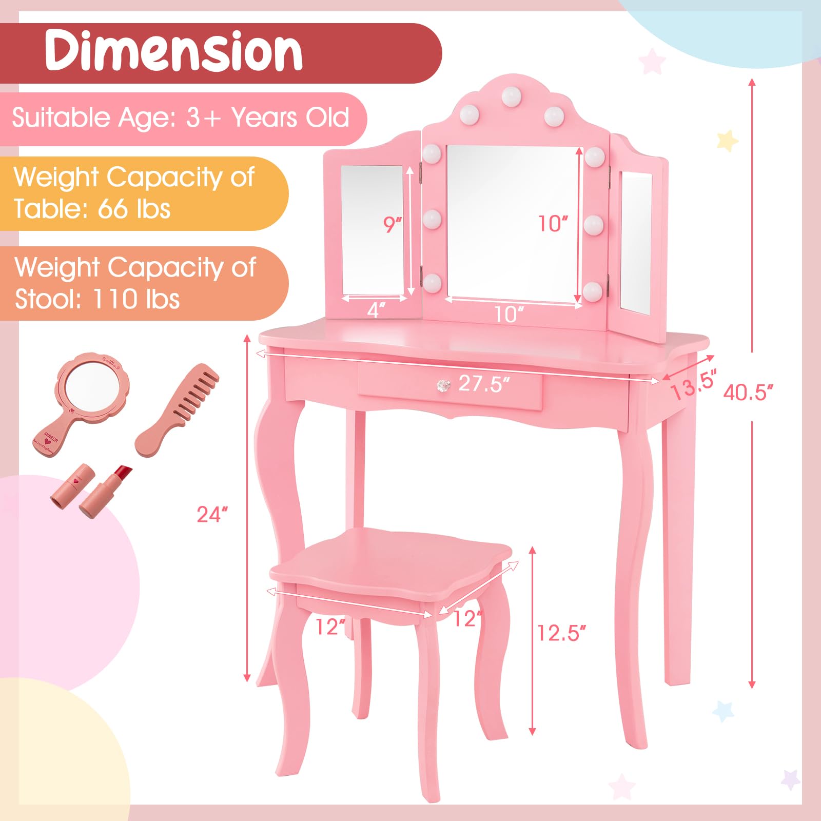 AKUSTIK Kids Vanity with LED Lights - 2-in-1 Wooden Dressing Table & Chair Set with Tri-Fold Mirror, Stool & Storage Drawer - Princess Pretend Play Beauty Kit - Perfect Gift for Toddler Girls (Ideal for Bedroom Play, Birthday Presents & Role-Playing Activities)