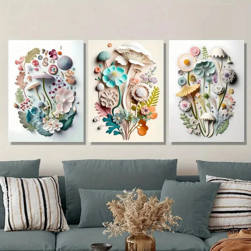 3-Piece Floral and Mushroom Decorative Metal Wall Art Prints - Ready to Hang - Modern Home & Office Decor for Living Room, Bedroom, Kitchen